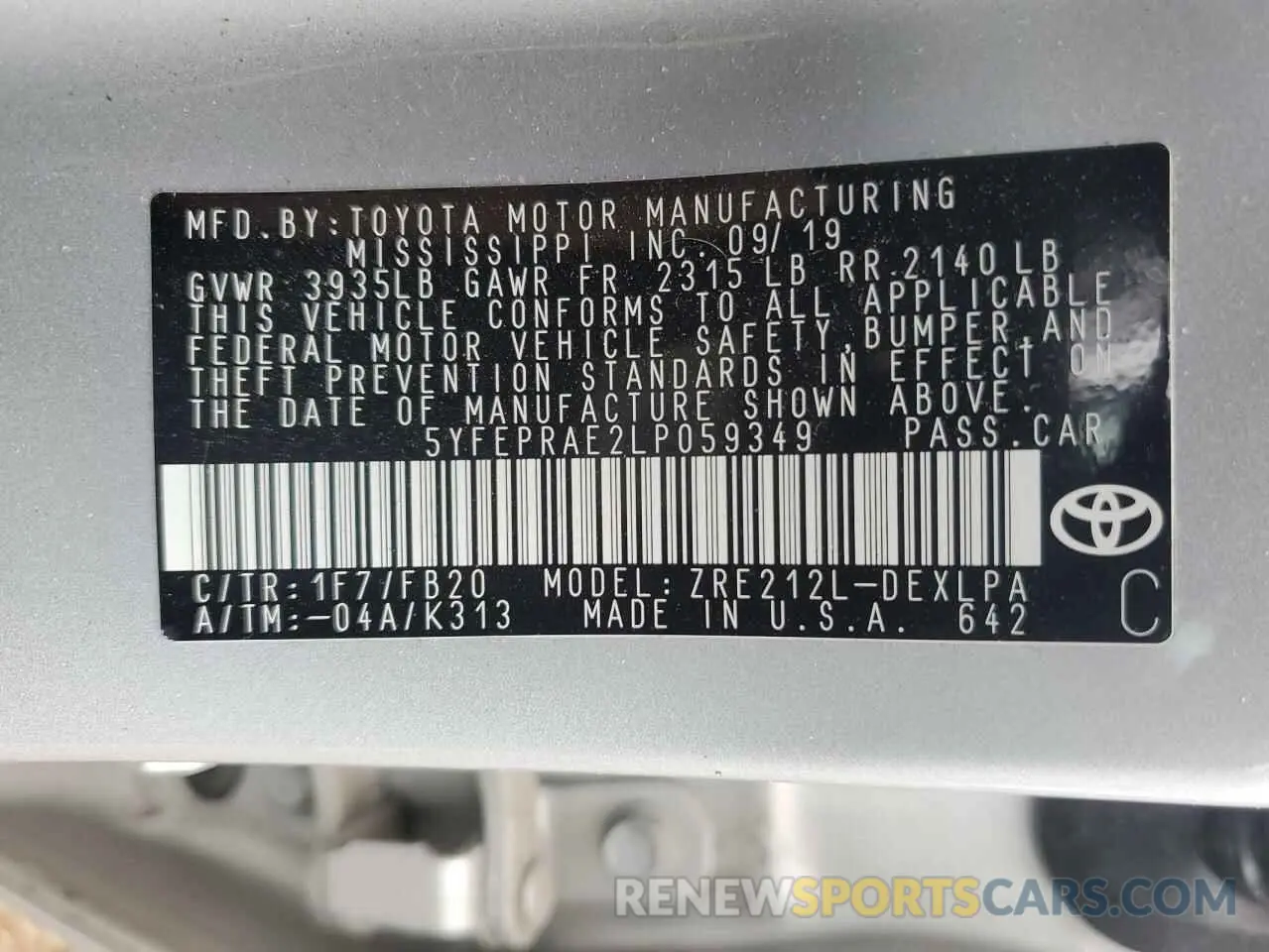 12 Photograph of a damaged car 5YFEPRAE2LP059349 TOYOTA COROLLA 2020