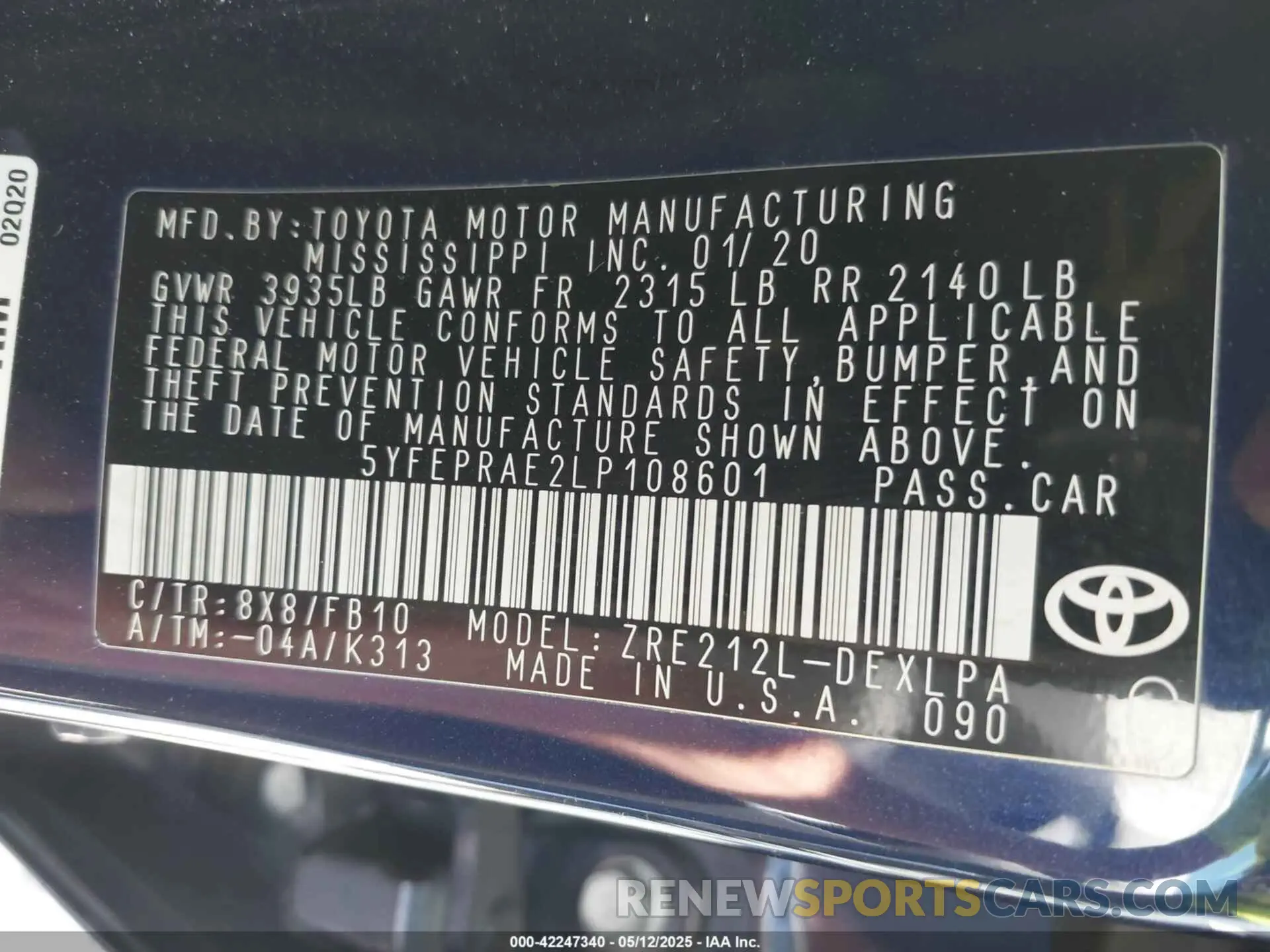 9 Photograph of a damaged car 5YFEPRAE2LP108601 TOYOTA COROLLA 2020