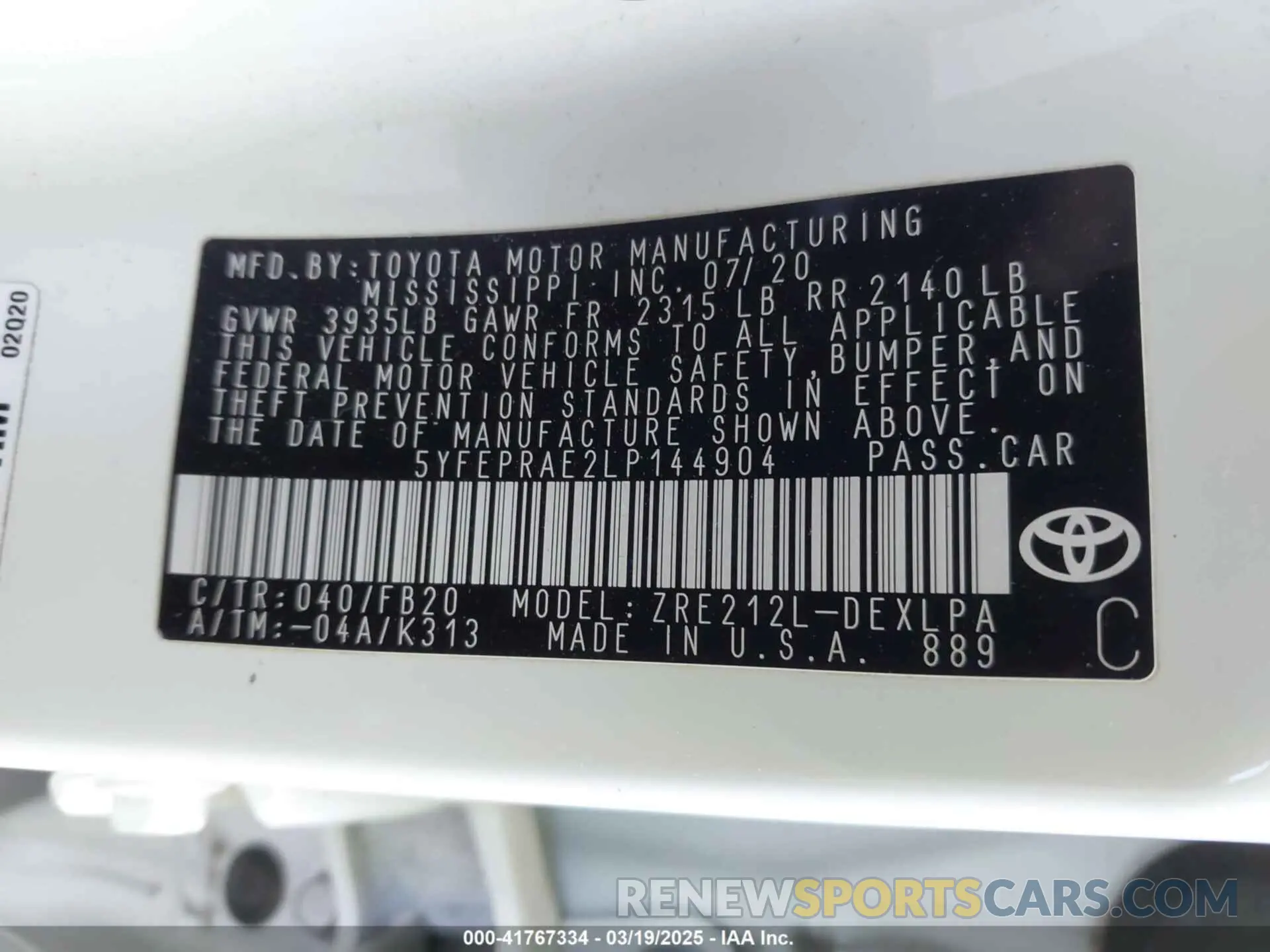 9 Photograph of a damaged car 5YFEPRAE2LP144904 TOYOTA COROLLA 2020
