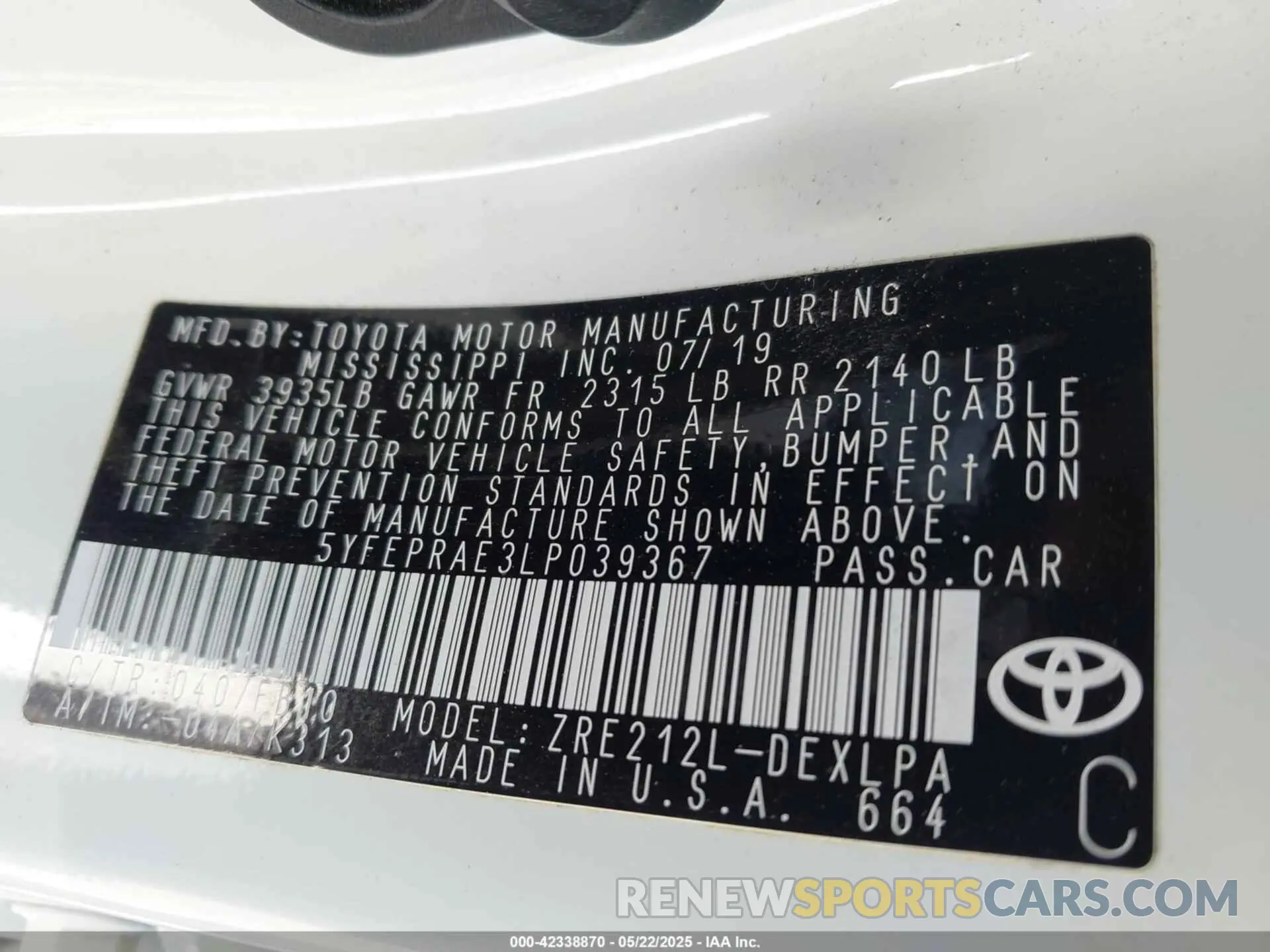 9 Photograph of a damaged car 5YFEPRAE3LP039367 TOYOTA COROLLA 2020