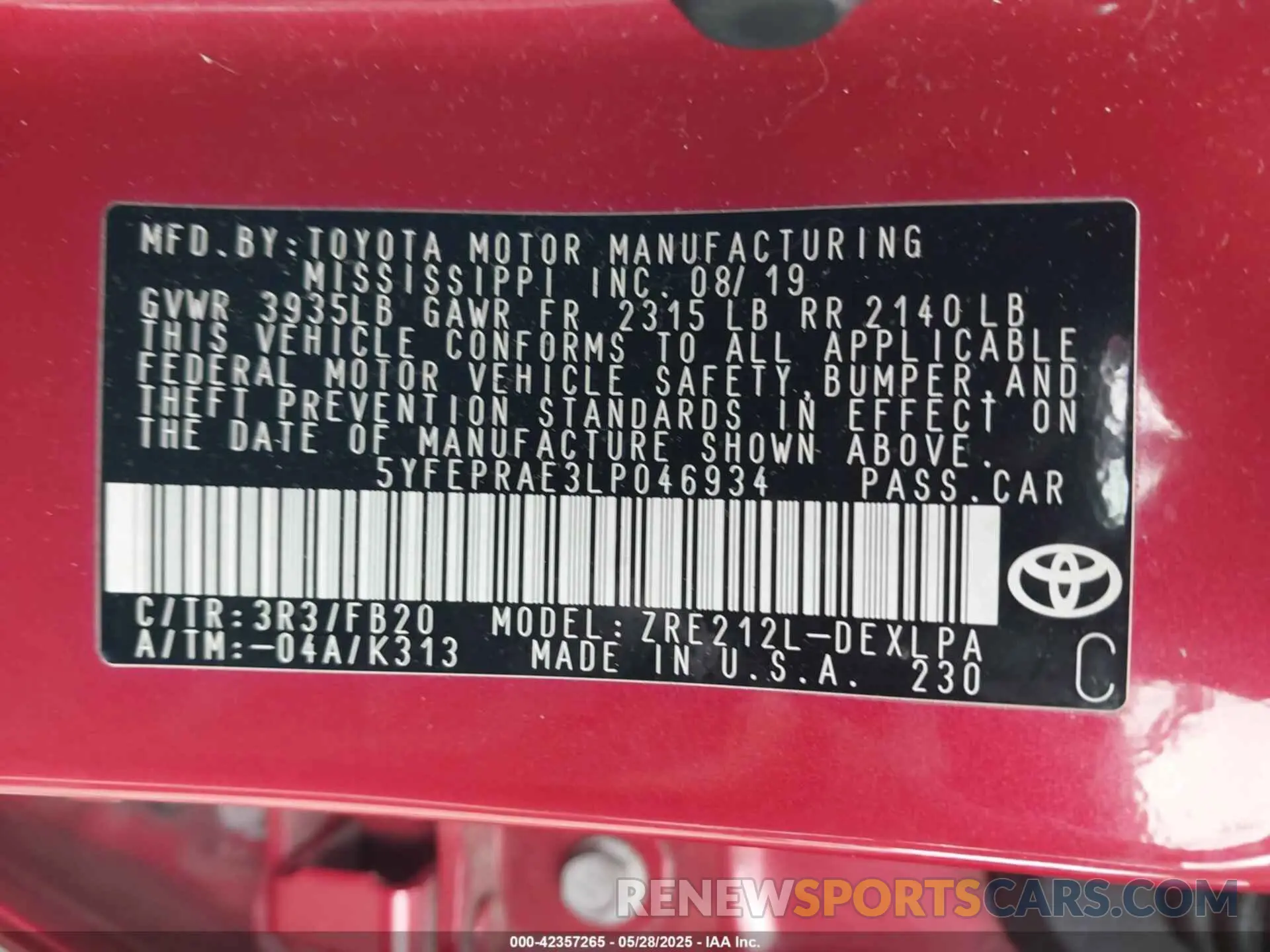 9 Photograph of a damaged car 5YFEPRAE3LP046934 TOYOTA COROLLA 2020