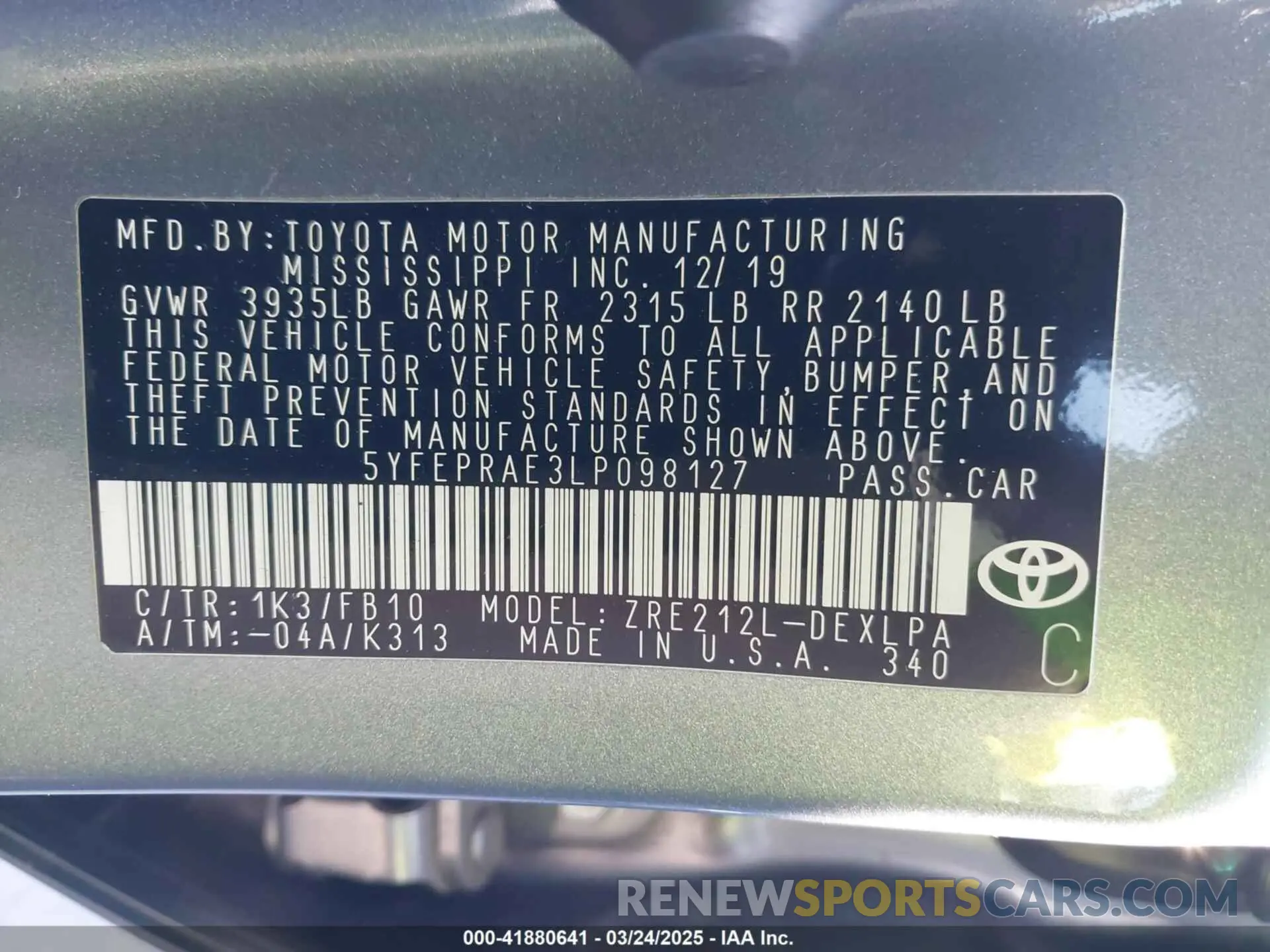 9 Photograph of a damaged car 5YFEPRAE3LP098127 TOYOTA COROLLA 2020