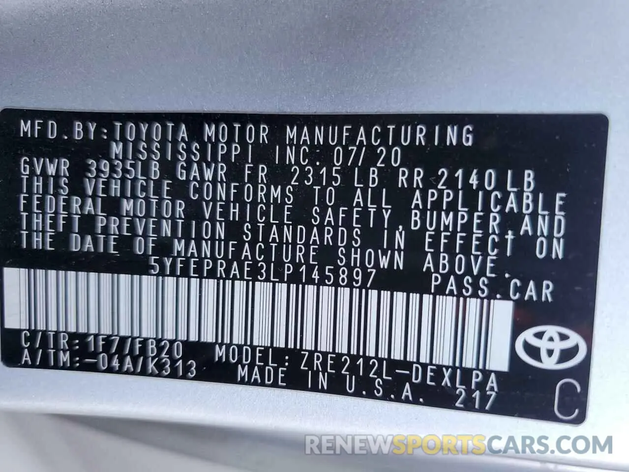 14 Photograph of a damaged car 5YFEPRAE3LP145897 TOYOTA COROLLA 2020