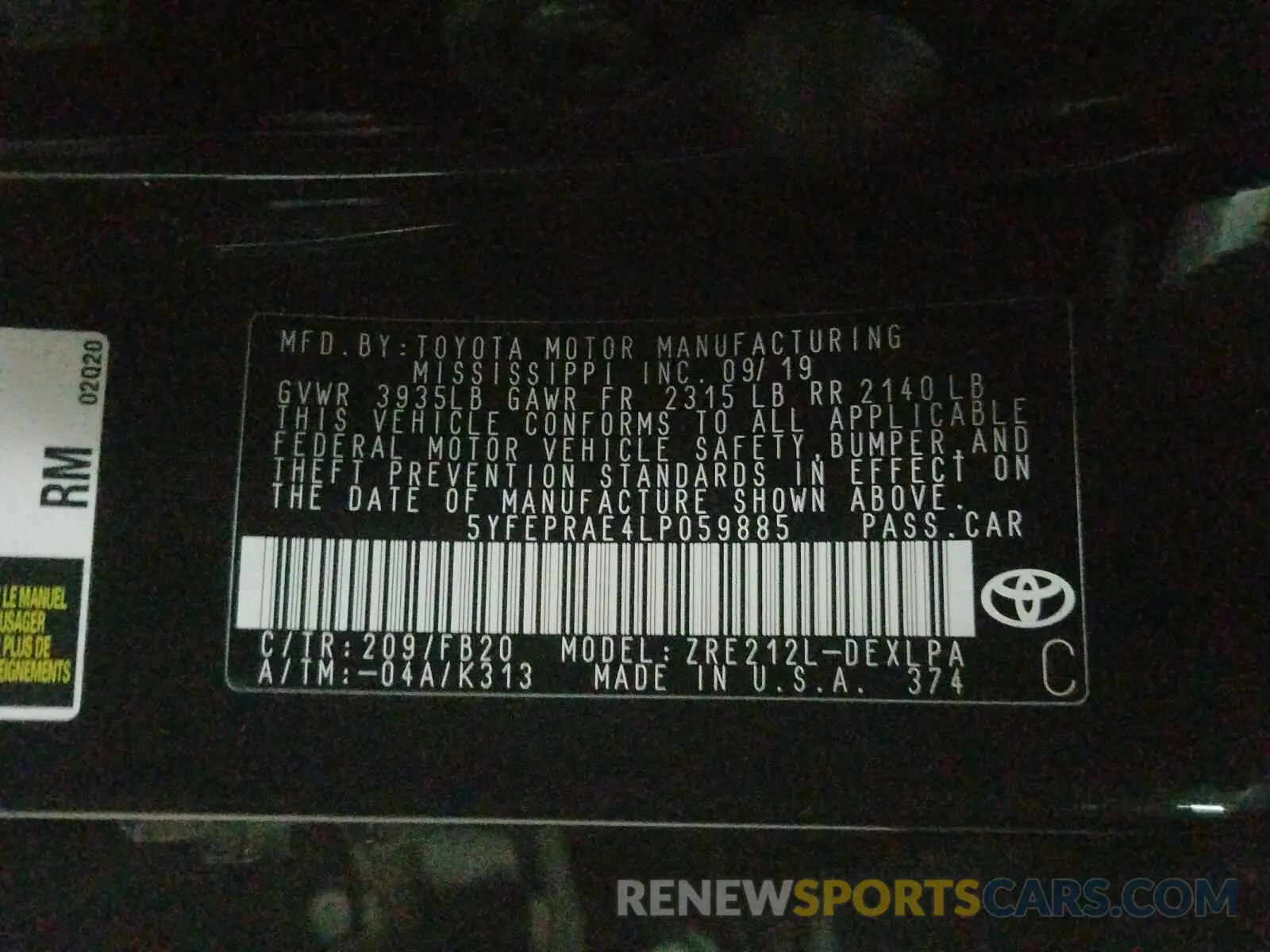 10 Photograph of a damaged car 5YFEPRAE4LP059885 TOYOTA COROLLA 2020