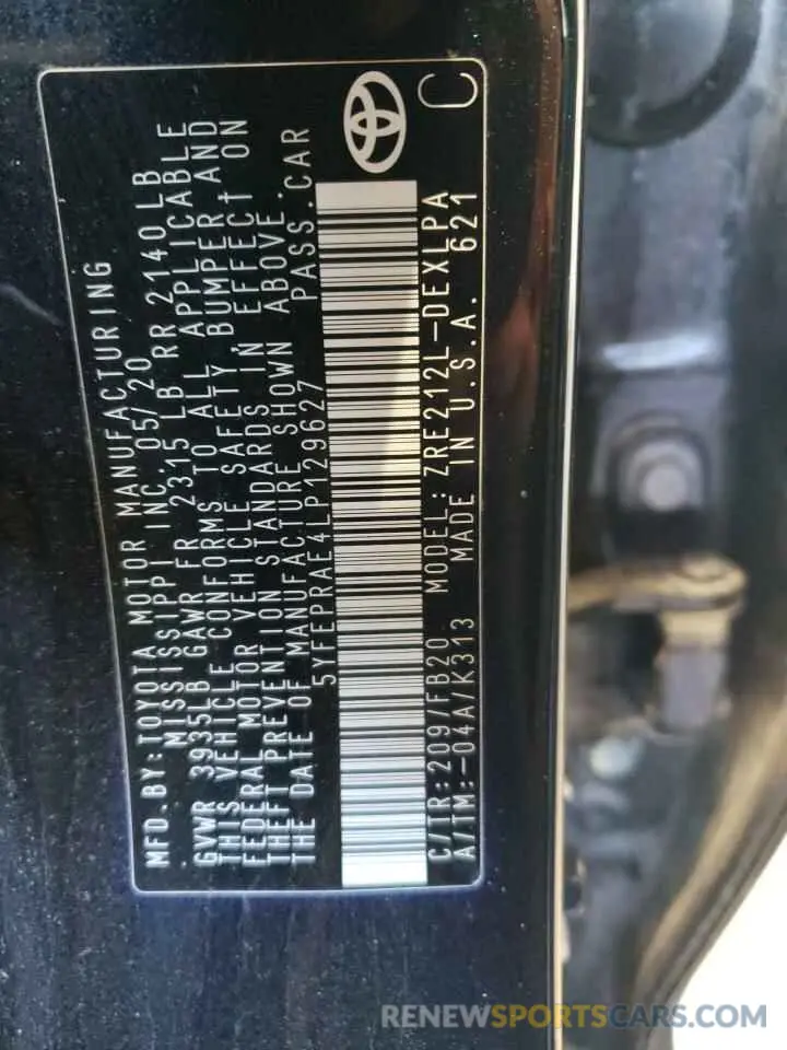 12 Photograph of a damaged car 5YFEPRAE4LP129627 TOYOTA COROLLA 2020