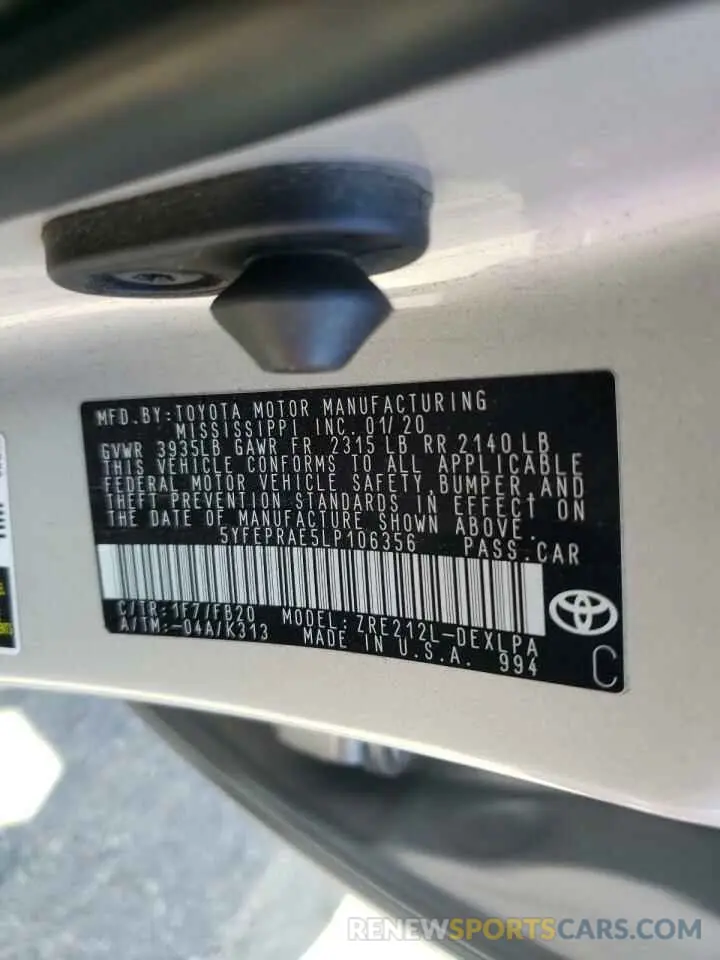 10 Photograph of a damaged car 5YFEPRAE5LP106356 TOYOTA COROLLA 2020