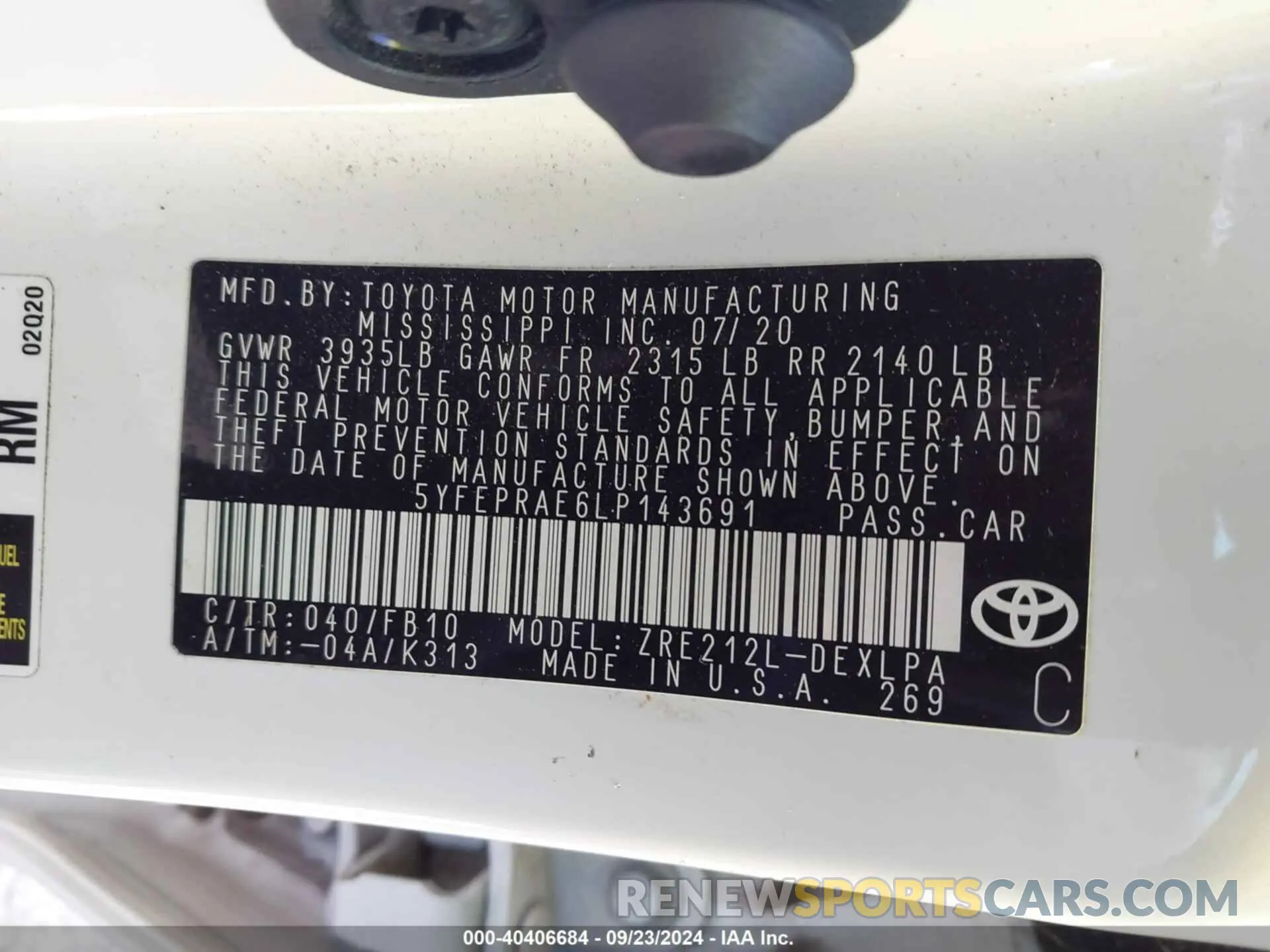 9 Photograph of a damaged car 5YFEPRAE6LP143691 TOYOTA COROLLA 2020