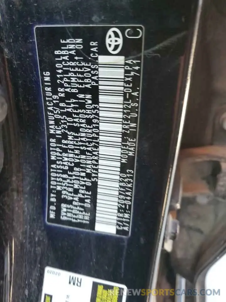 12 Photograph of a damaged car 5YFEPRAE7LP019753 TOYOTA COROLLA 2020