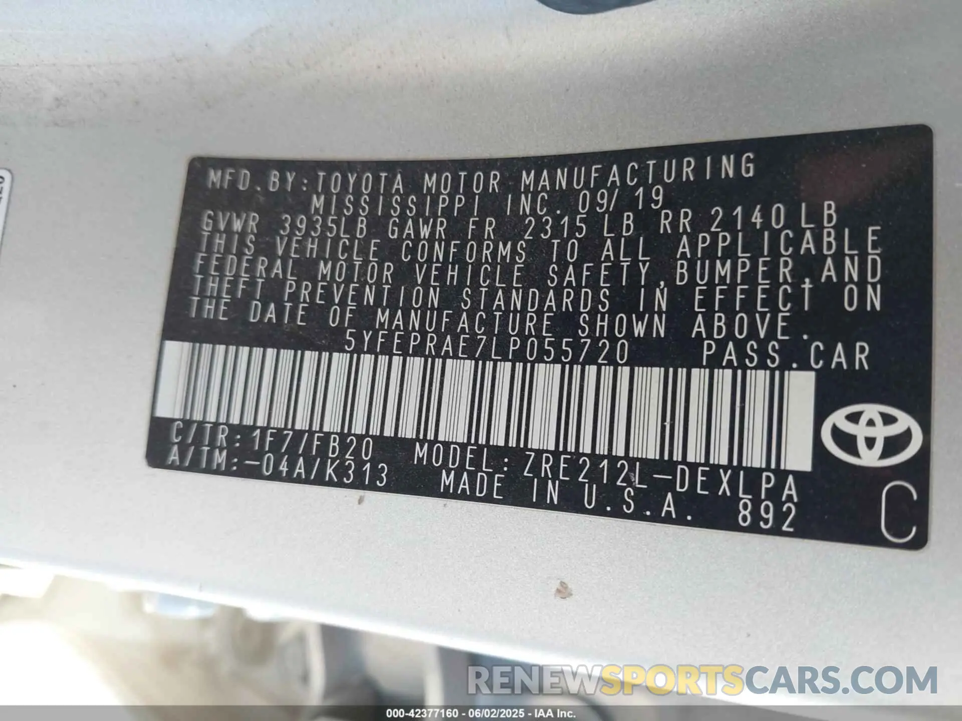 9 Photograph of a damaged car 5YFEPRAE7LP055720 TOYOTA COROLLA 2020