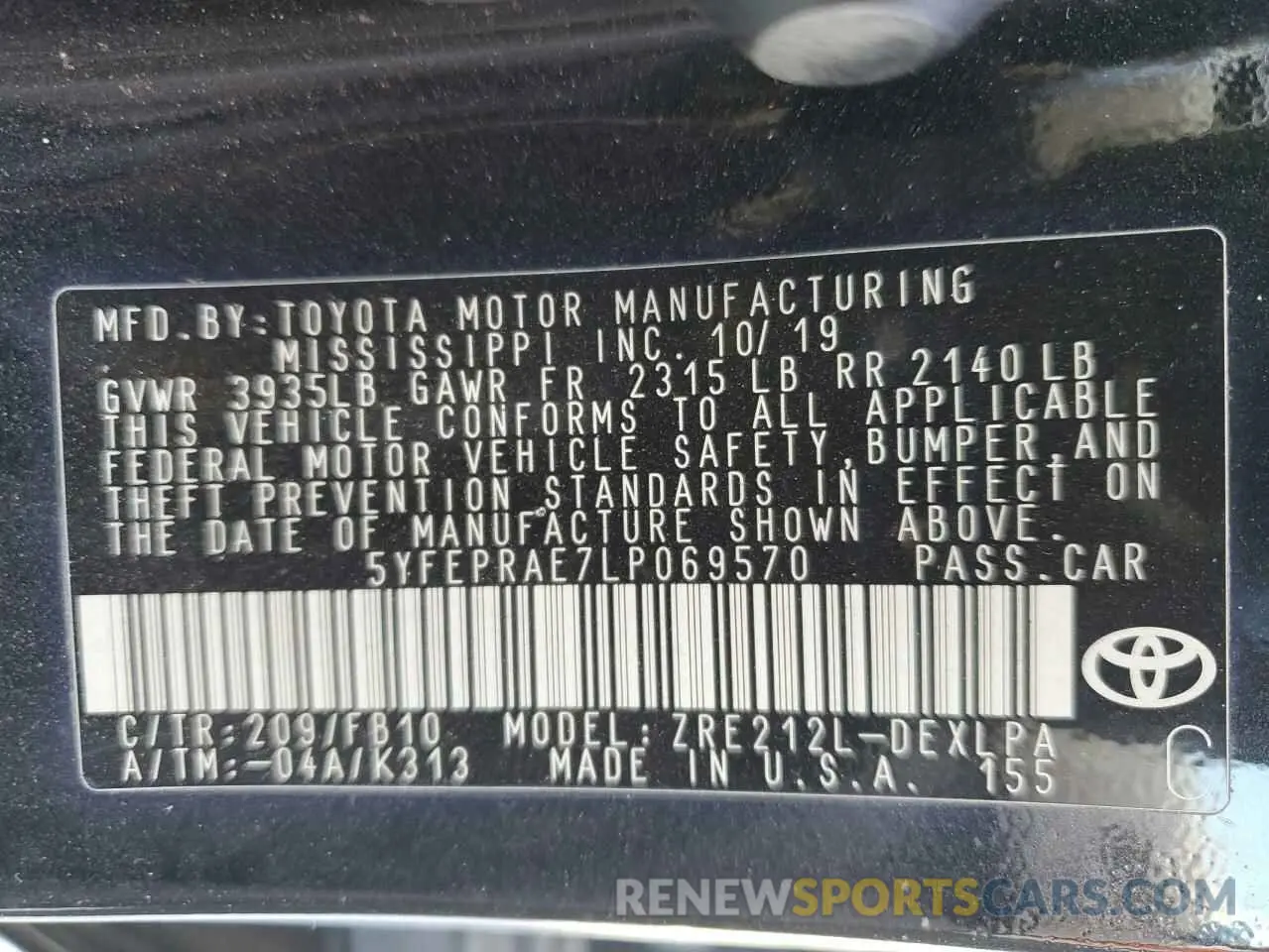12 Photograph of a damaged car 5YFEPRAE7LP069570 TOYOTA COROLLA 2020