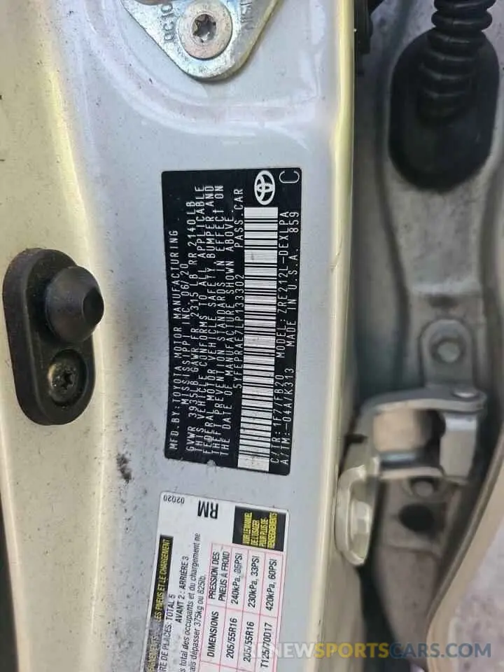 10 Photograph of a damaged car 5YFEPRAE7LP133302 TOYOTA COROLLA 2020