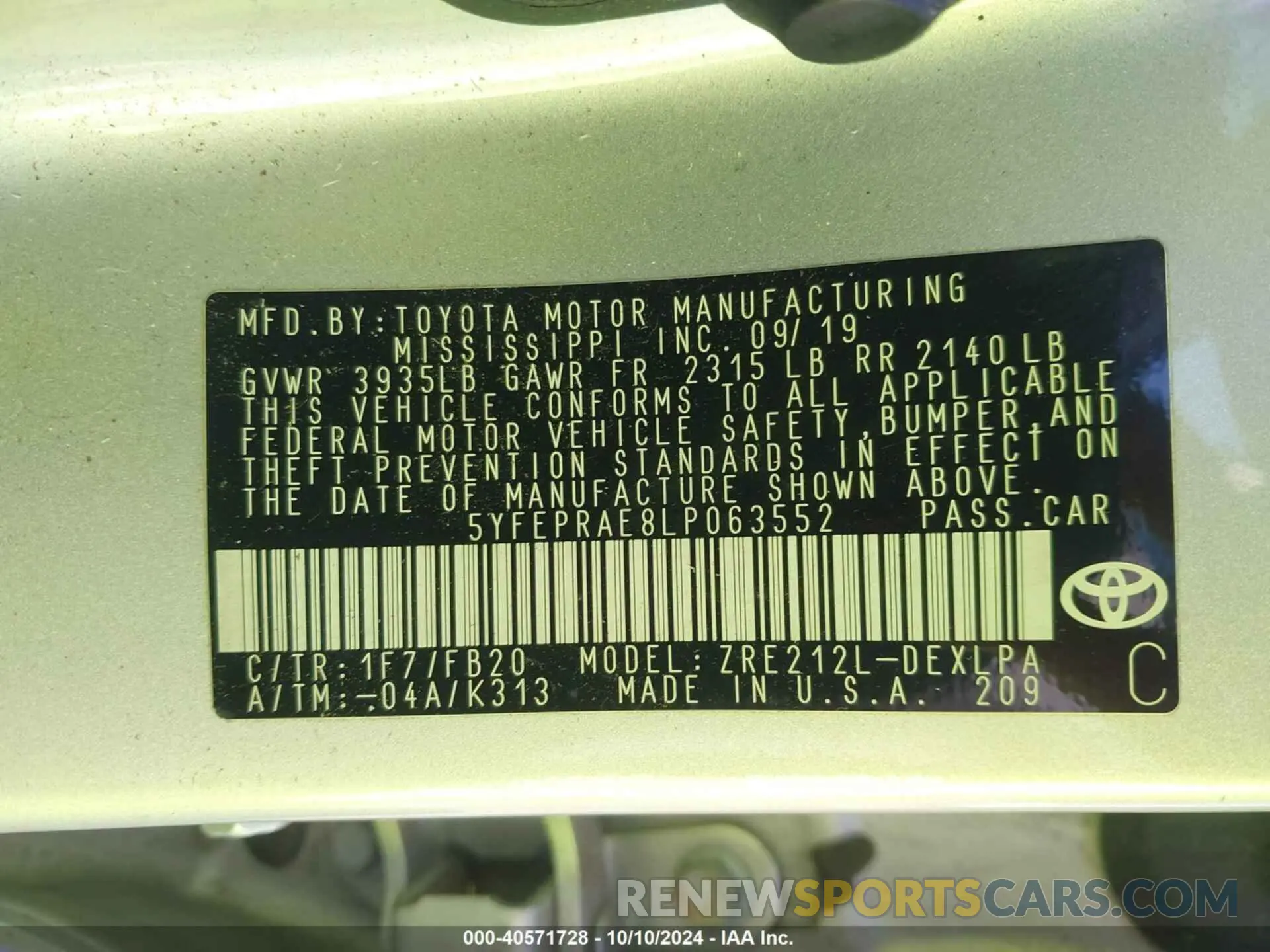 9 Photograph of a damaged car 5YFEPRAE8LP063552 TOYOTA COROLLA 2020