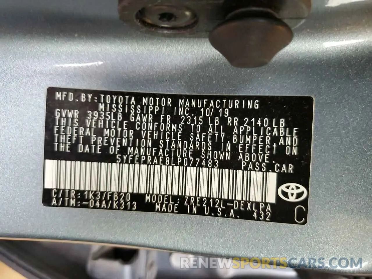 13 Photograph of a damaged car 5YFEPRAE8LP077483 TOYOTA COROLLA 2020