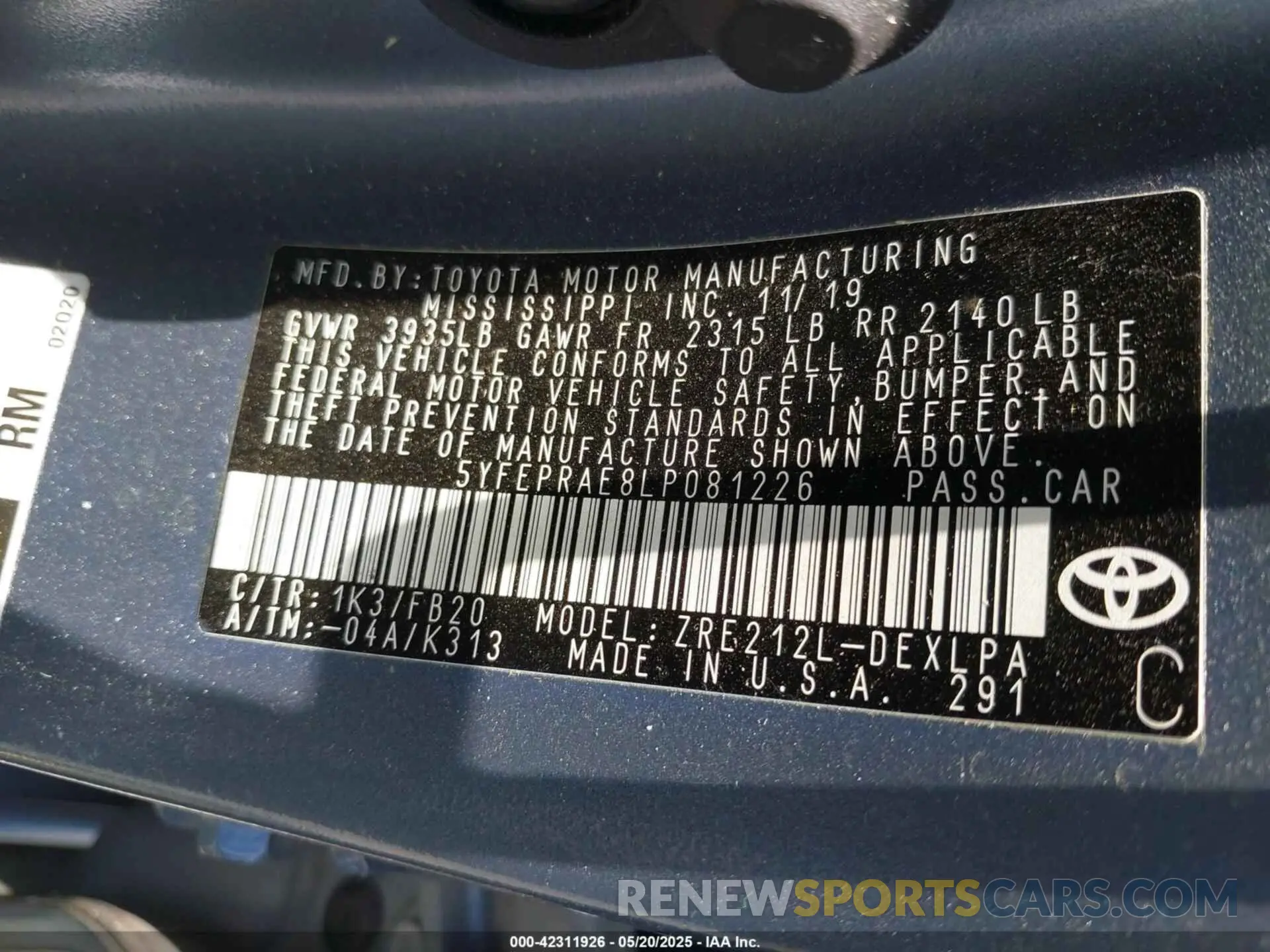 9 Photograph of a damaged car 5YFEPRAE8LP081226 TOYOTA COROLLA 2020