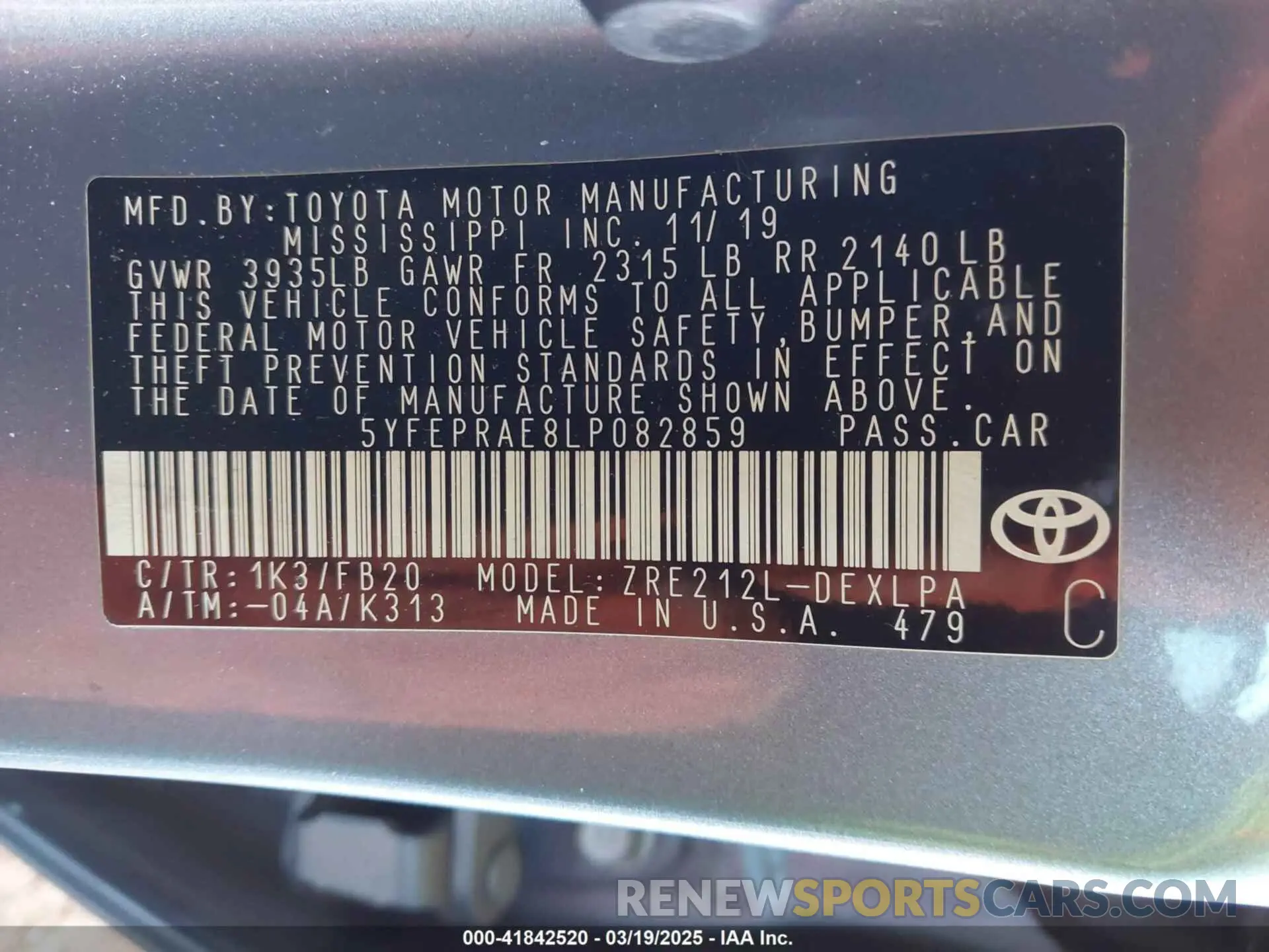 9 Photograph of a damaged car 5YFEPRAE8LP082859 TOYOTA COROLLA 2020