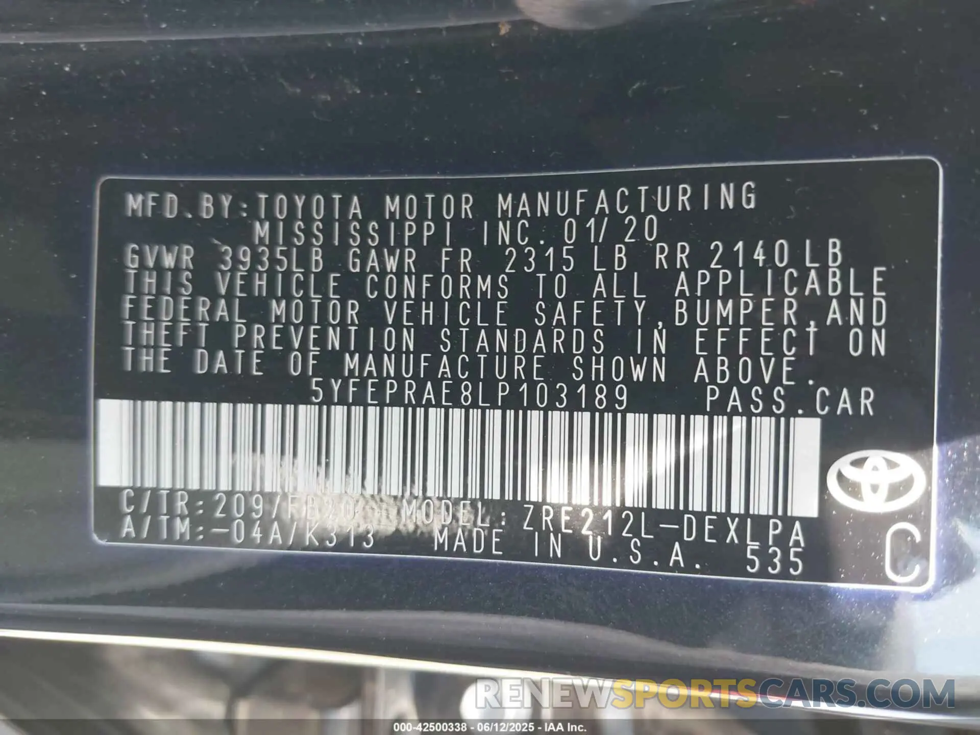 9 Photograph of a damaged car 5YFEPRAE8LP103189 TOYOTA COROLLA 2020