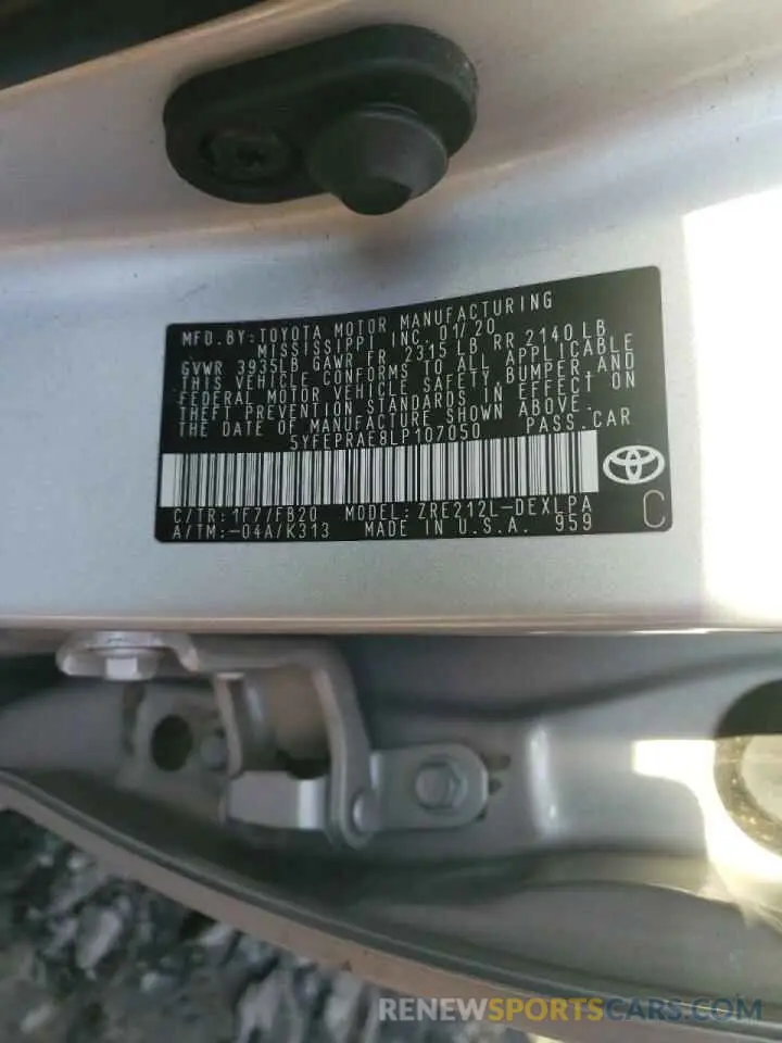 10 Photograph of a damaged car 5YFEPRAE8LP107050 TOYOTA COROLLA 2020