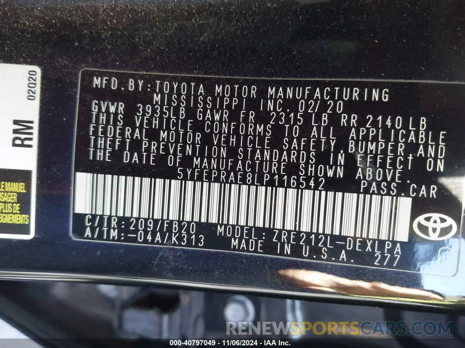 9 Photograph of a damaged car 5YFEPRAE8LP116542 TOYOTA COROLLA 2020