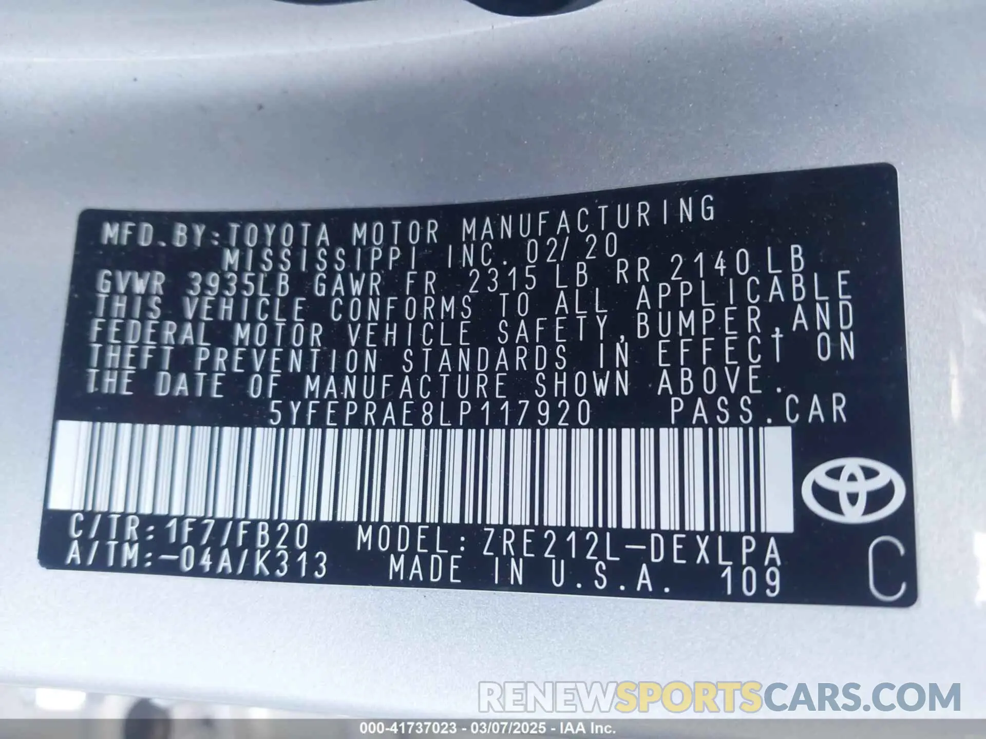 9 Photograph of a damaged car 5YFEPRAE8LP117920 TOYOTA COROLLA 2020