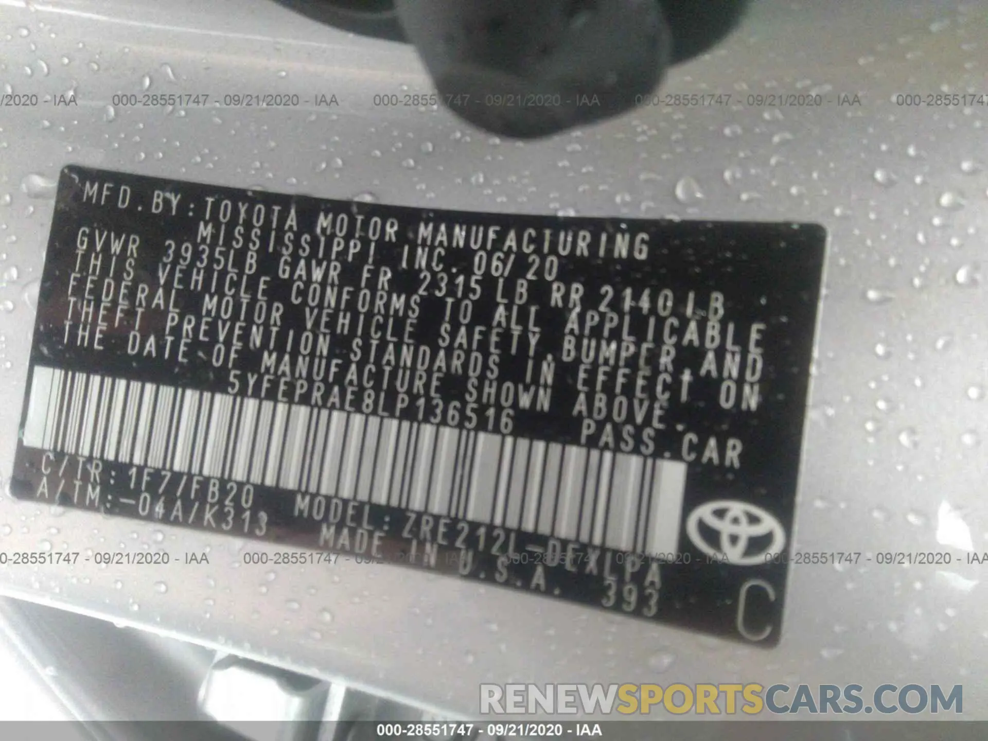 9 Photograph of a damaged car 5YFEPRAE8LP136516 TOYOTA COROLLA 2020