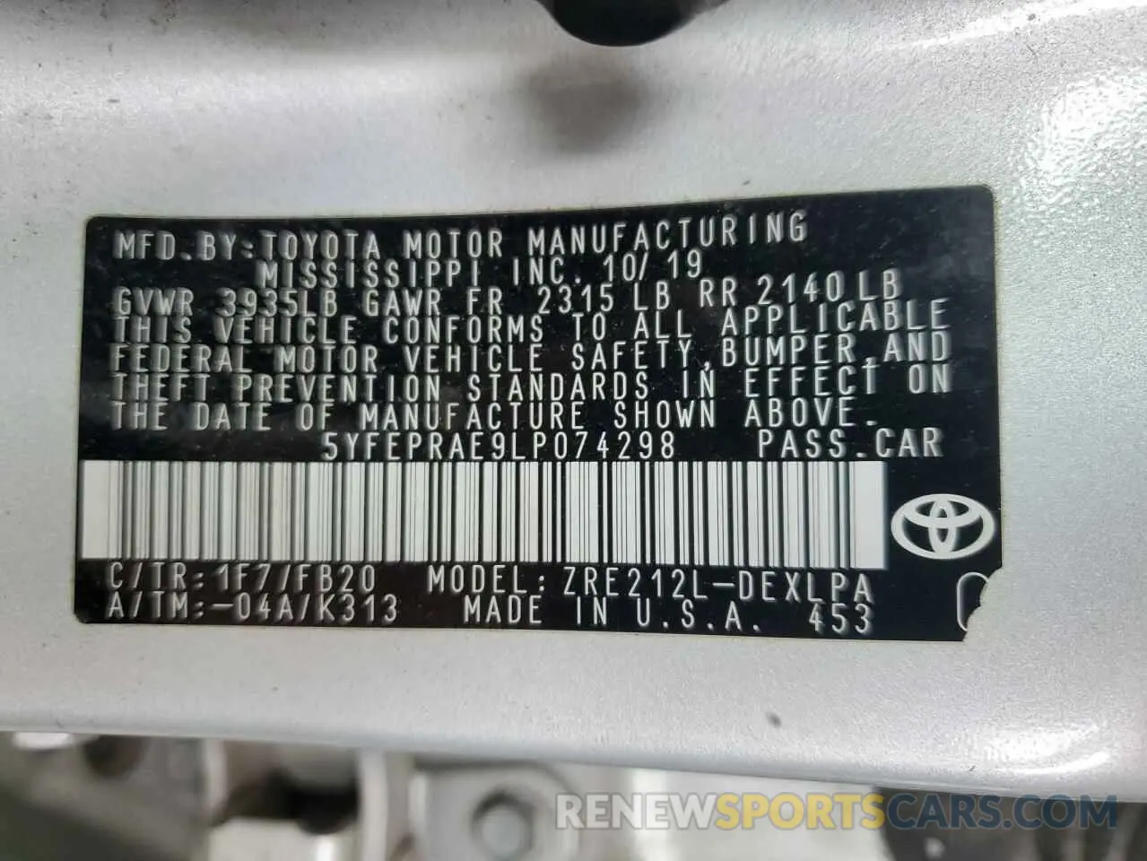 12 Photograph of a damaged car 5YFEPRAE9LP074298 TOYOTA COROLLA 2020
