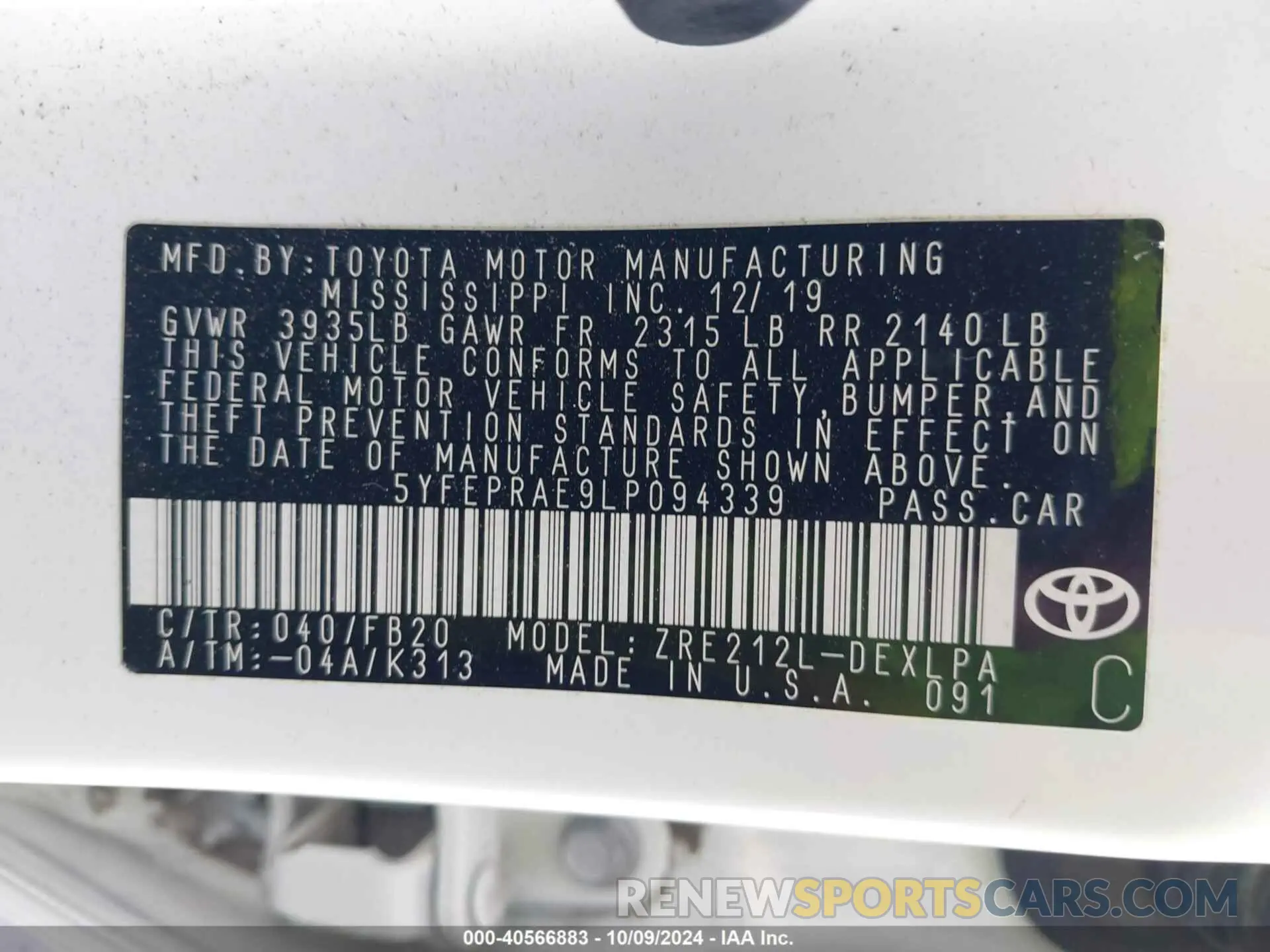 9 Photograph of a damaged car 5YFEPRAE9LP094339 TOYOTA COROLLA 2020