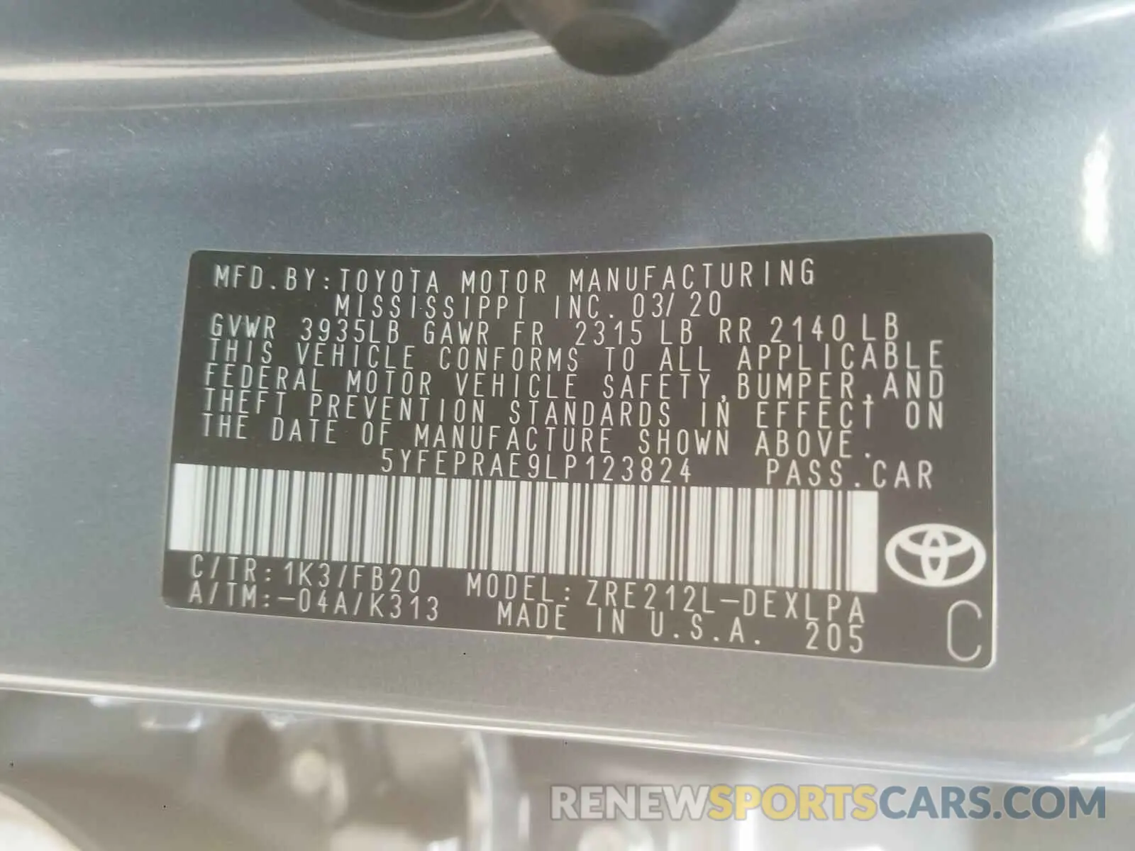 10 Photograph of a damaged car 5YFEPRAE9LP123824 TOYOTA COROLLA 2020