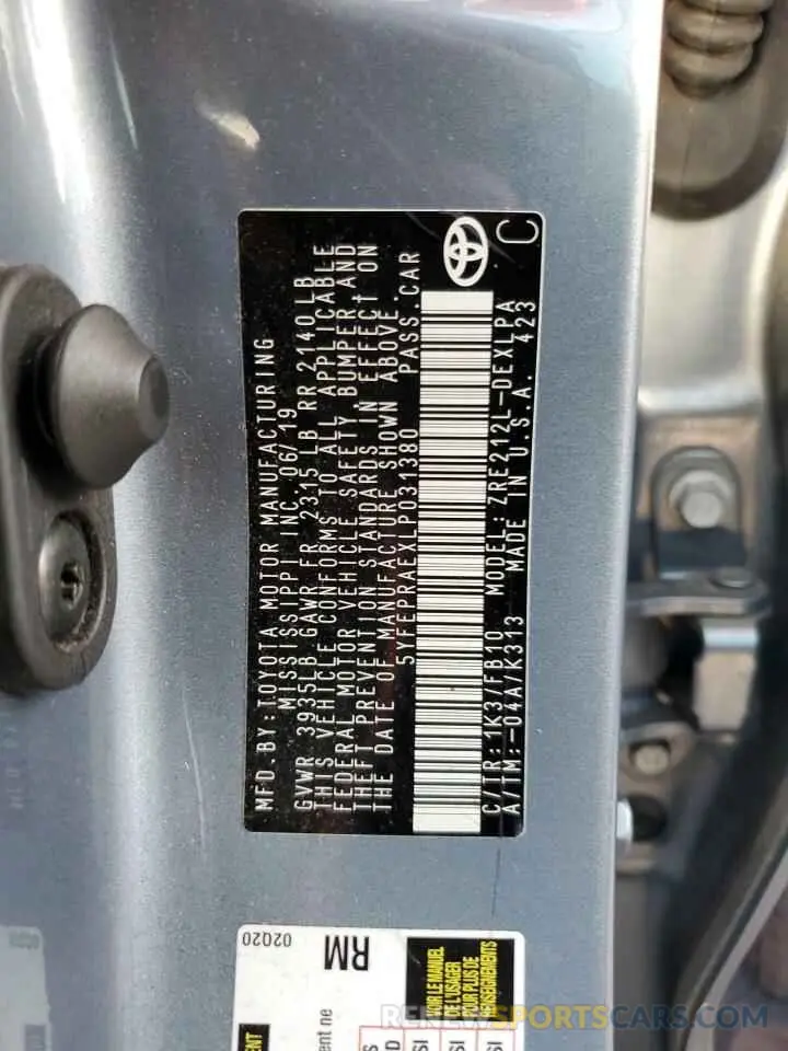 13 Photograph of a damaged car 5YFEPRAEXLP031380 TOYOTA COROLLA 2020