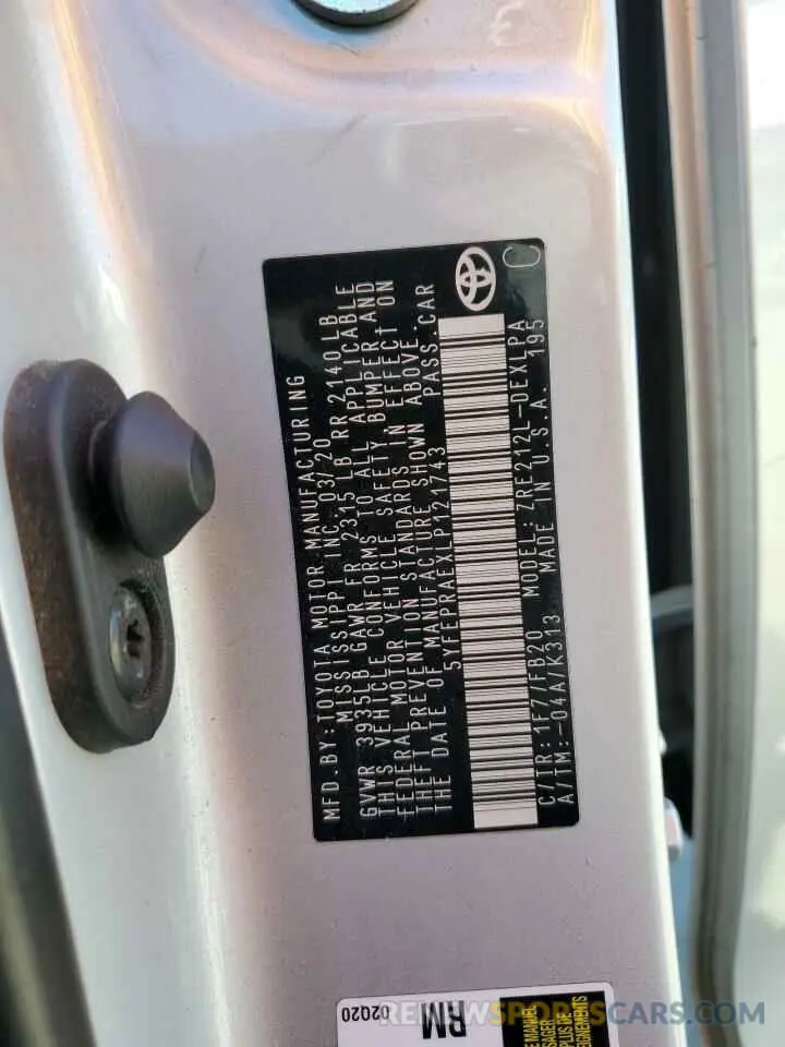 12 Photograph of a damaged car 5YFEPRAEXLP121743 TOYOTA COROLLA 2020