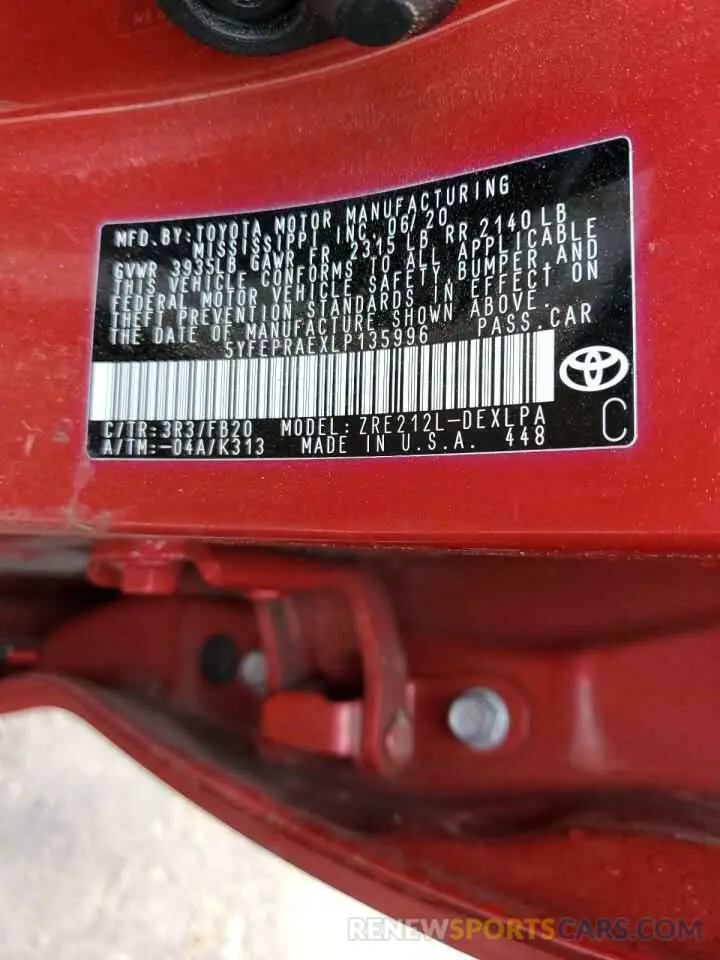 13 Photograph of a damaged car 5YFEPRAEXLP135996 TOYOTA COROLLA 2020