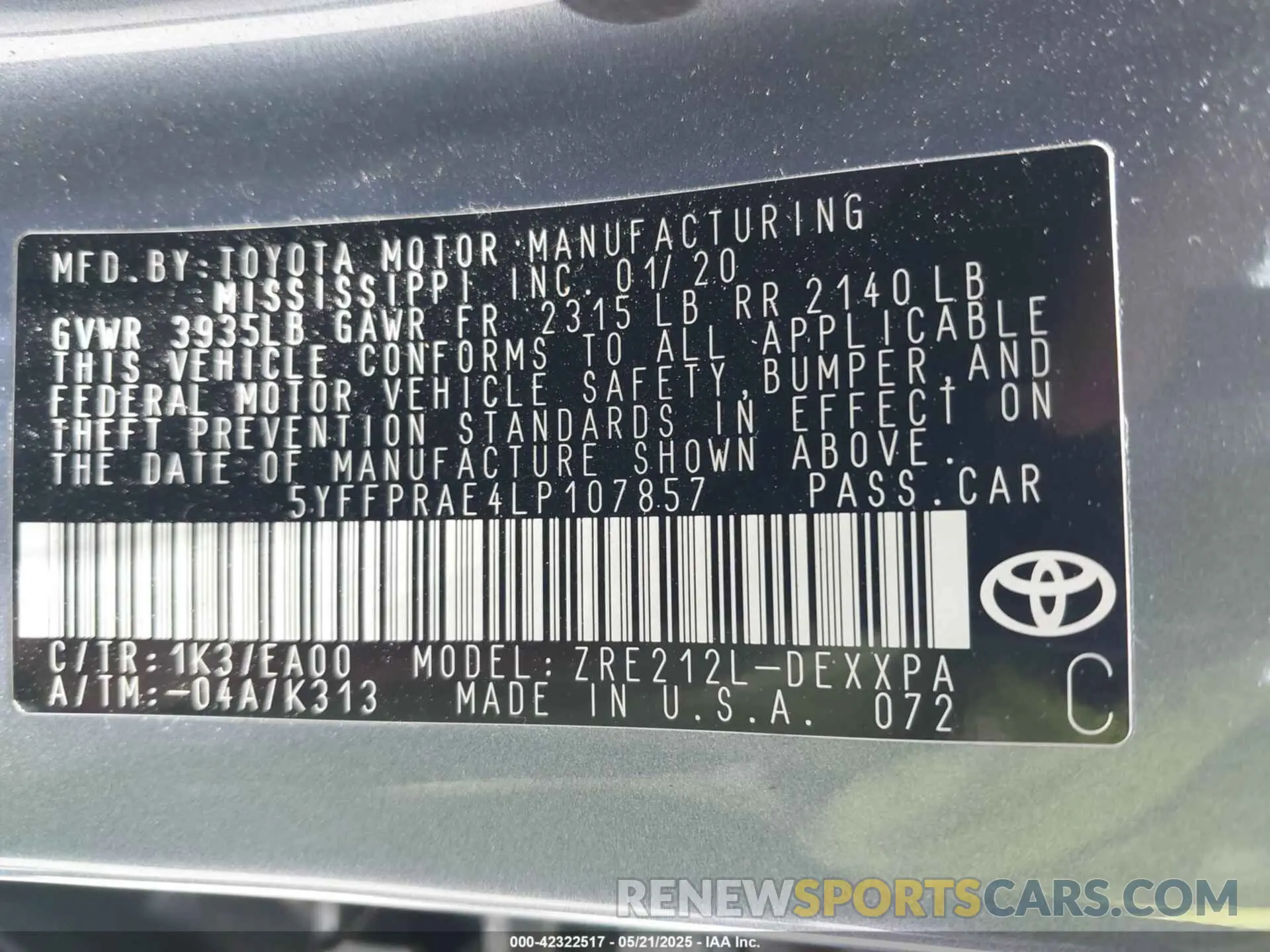 9 Photograph of a damaged car 5YFFPRAE4LP107857 TOYOTA COROLLA 2020