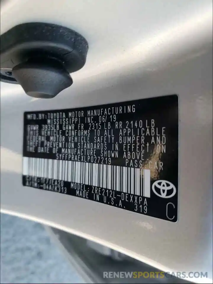 10 Photograph of a damaged car 5YFFPRAEXLP027219 TOYOTA COROLLA 2020