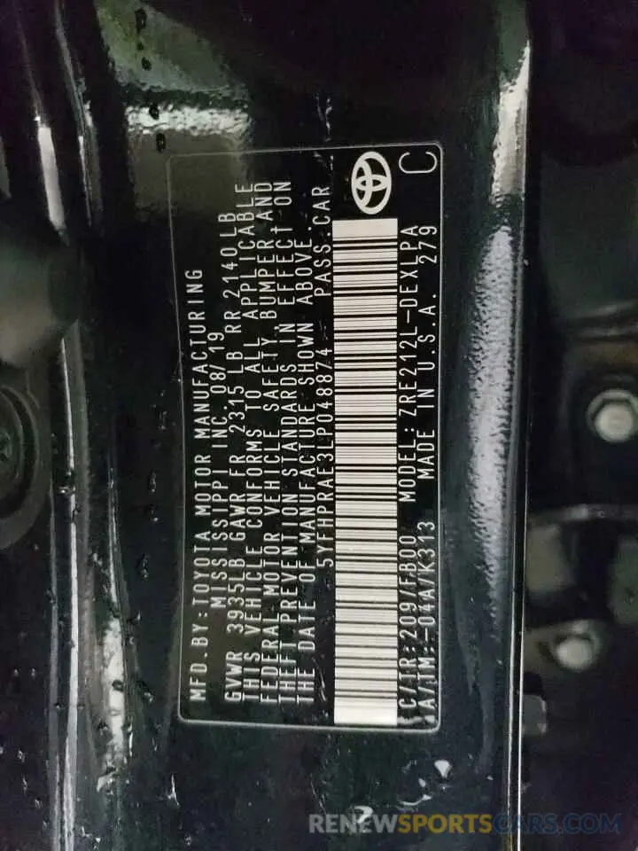 12 Photograph of a damaged car 5YFHPRAE3LP048874 TOYOTA COROLLA 2020