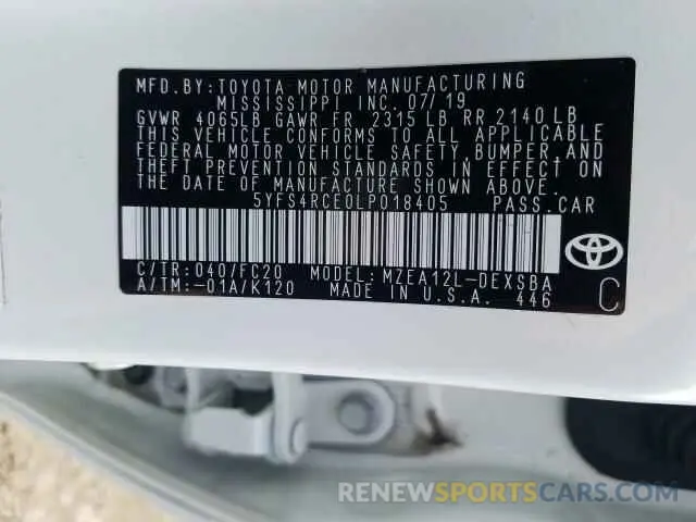 10 Photograph of a damaged car 5YFS4RCE0LP018405 TOYOTA COROLLA 2020