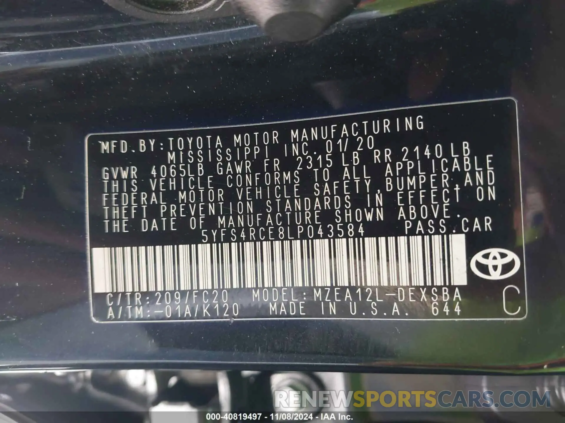 9 Photograph of a damaged car 5YFS4RCE8LP043584 TOYOTA COROLLA 2020