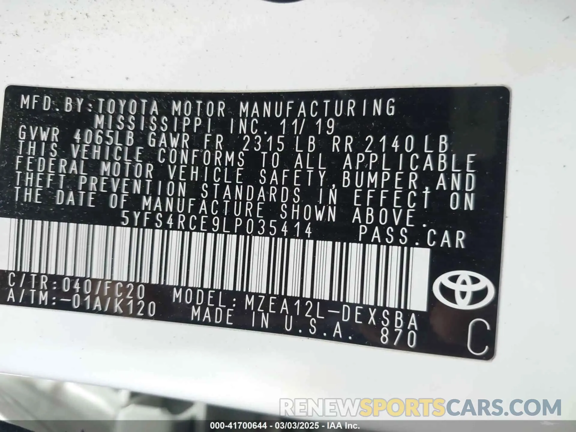 9 Photograph of a damaged car 5YFS4RCE9LP035414 TOYOTA COROLLA 2020