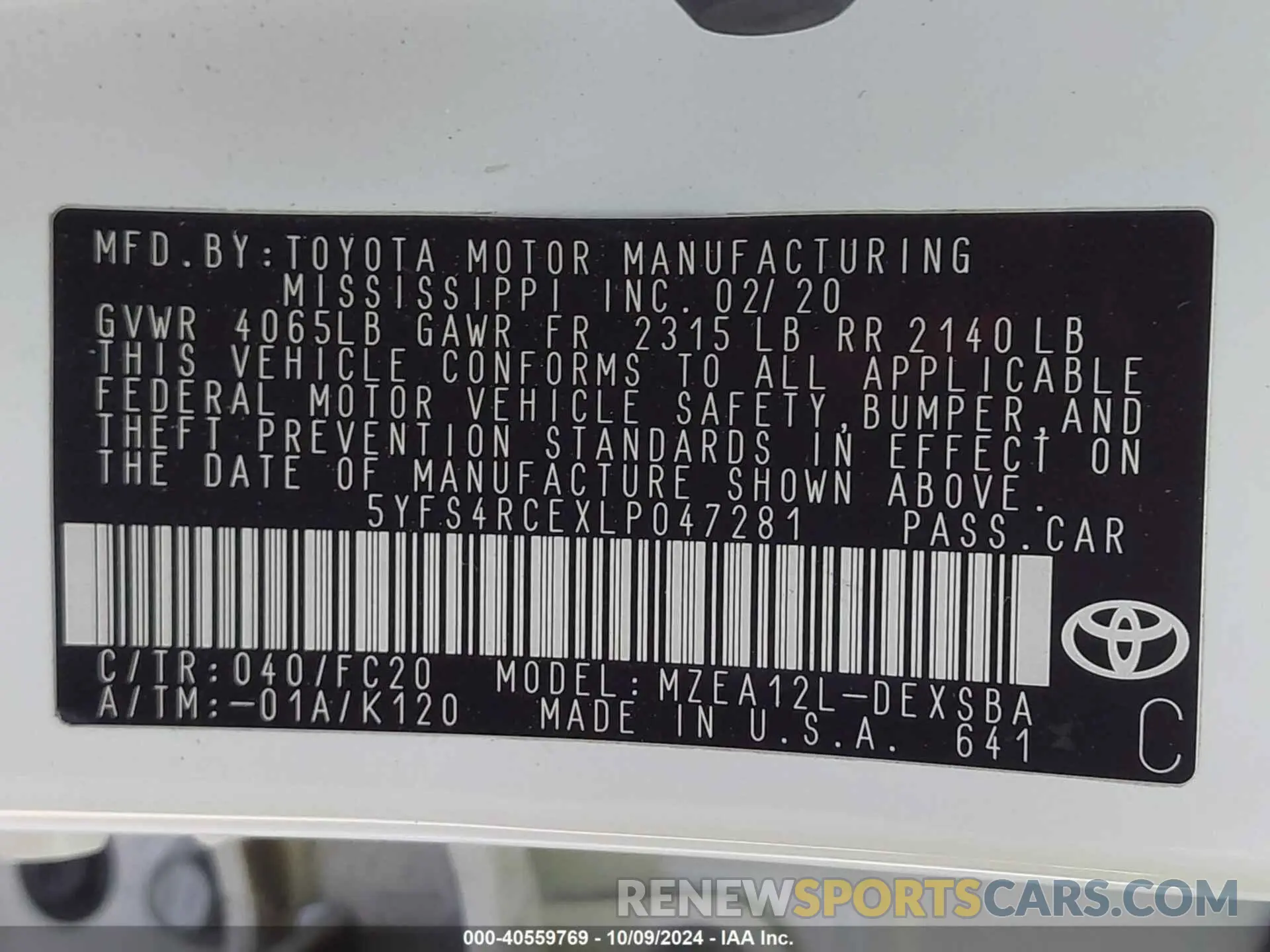 9 Photograph of a damaged car 5YFS4RCEXLP047281 TOYOTA COROLLA 2020