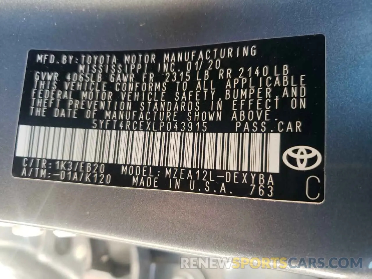 12 Photograph of a damaged car 5YFT4RCEXLP043915 TOYOTA COROLLA 2020