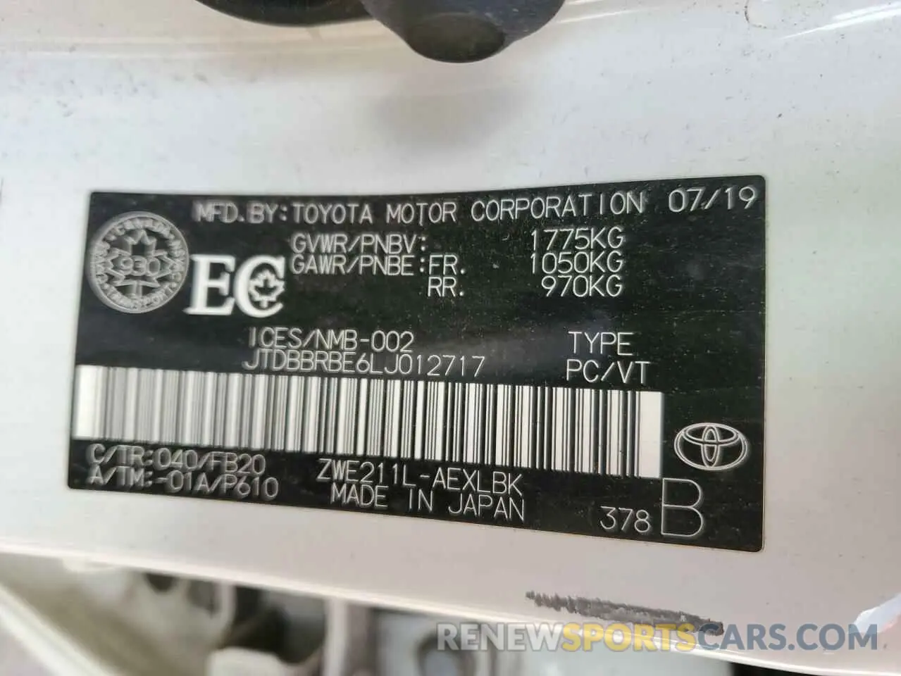 12 Photograph of a damaged car JTDBBRBE6LJ012717 TOYOTA COROLLA 2020