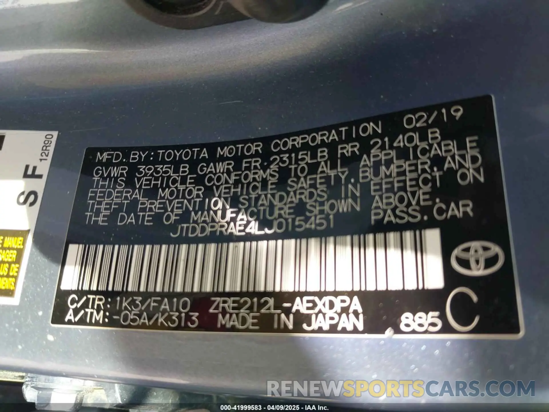 9 Photograph of a damaged car JTDDPRAE4LJ015451 TOYOTA COROLLA 2020