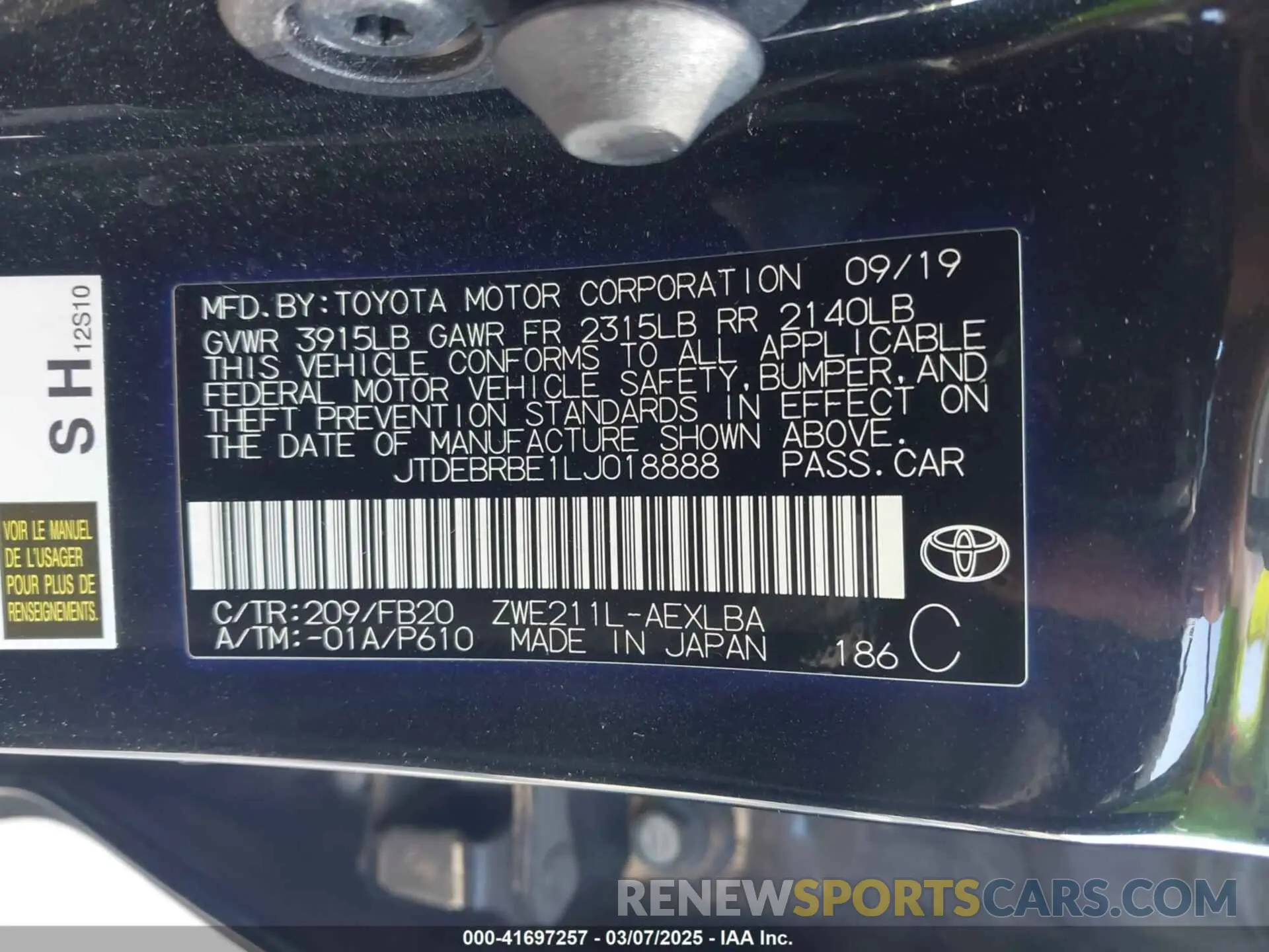 9 Photograph of a damaged car JTDEBRBE1LJ018888 TOYOTA COROLLA 2020