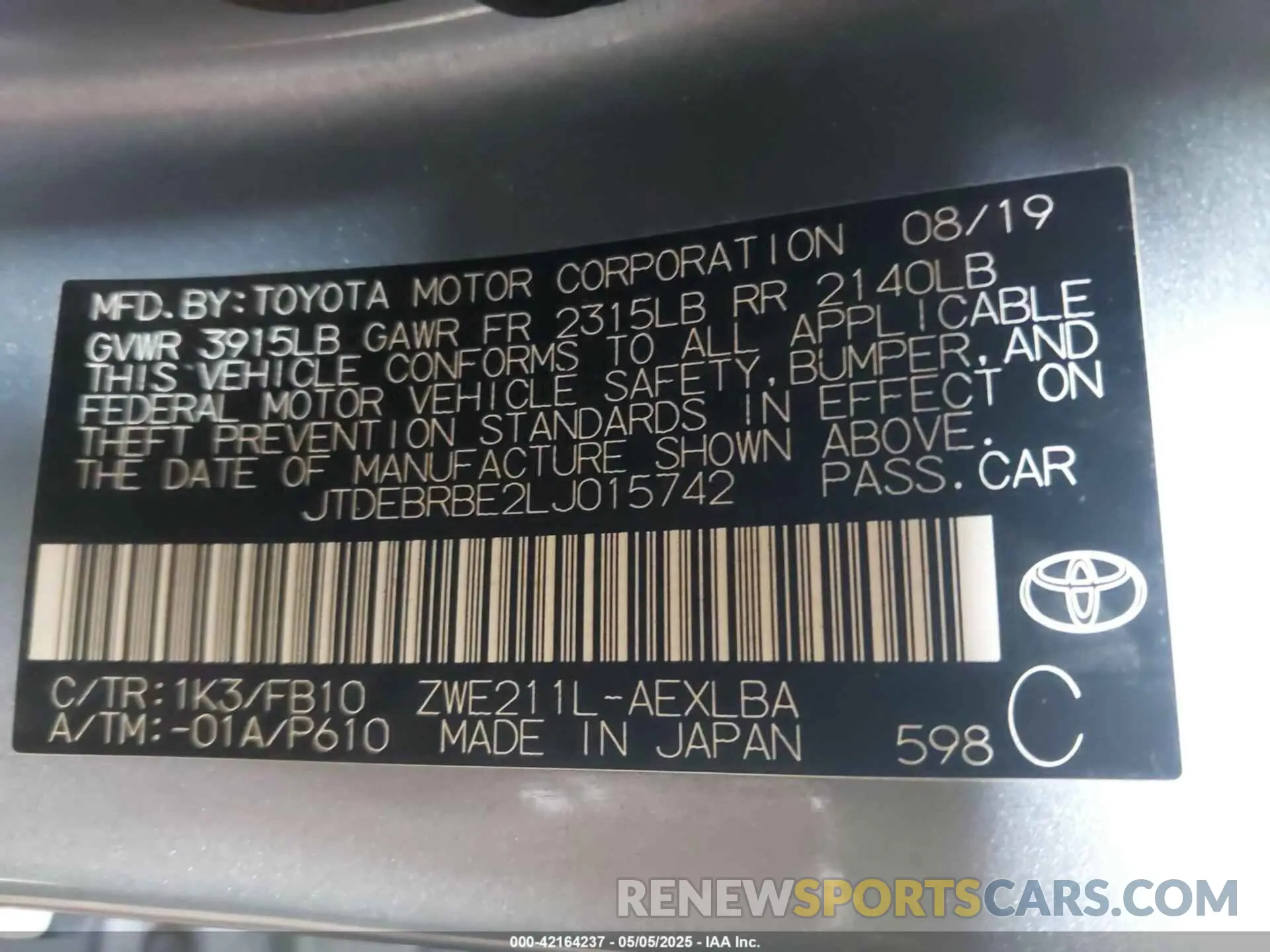 9 Photograph of a damaged car JTDEBRBE2LJ015742 TOYOTA COROLLA 2020