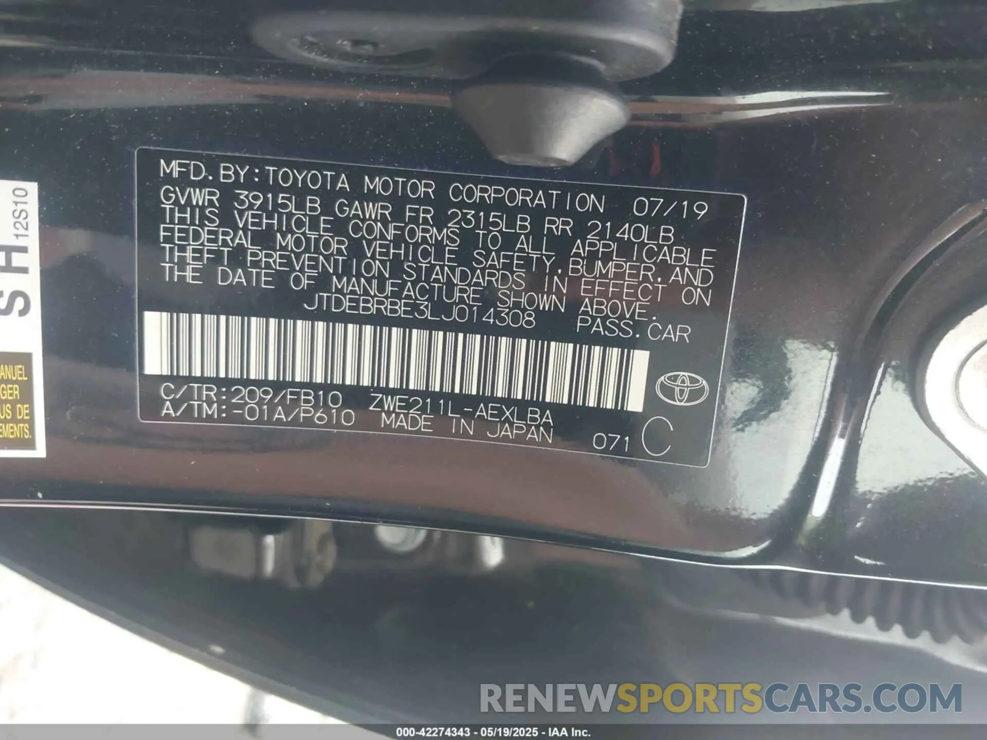 9 Photograph of a damaged car JTDEBRBE3LJ014308 TOYOTA COROLLA 2020