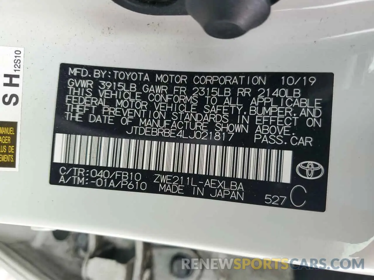 12 Photograph of a damaged car JTDEBRBE4LJ021817 TOYOTA COROLLA 2020