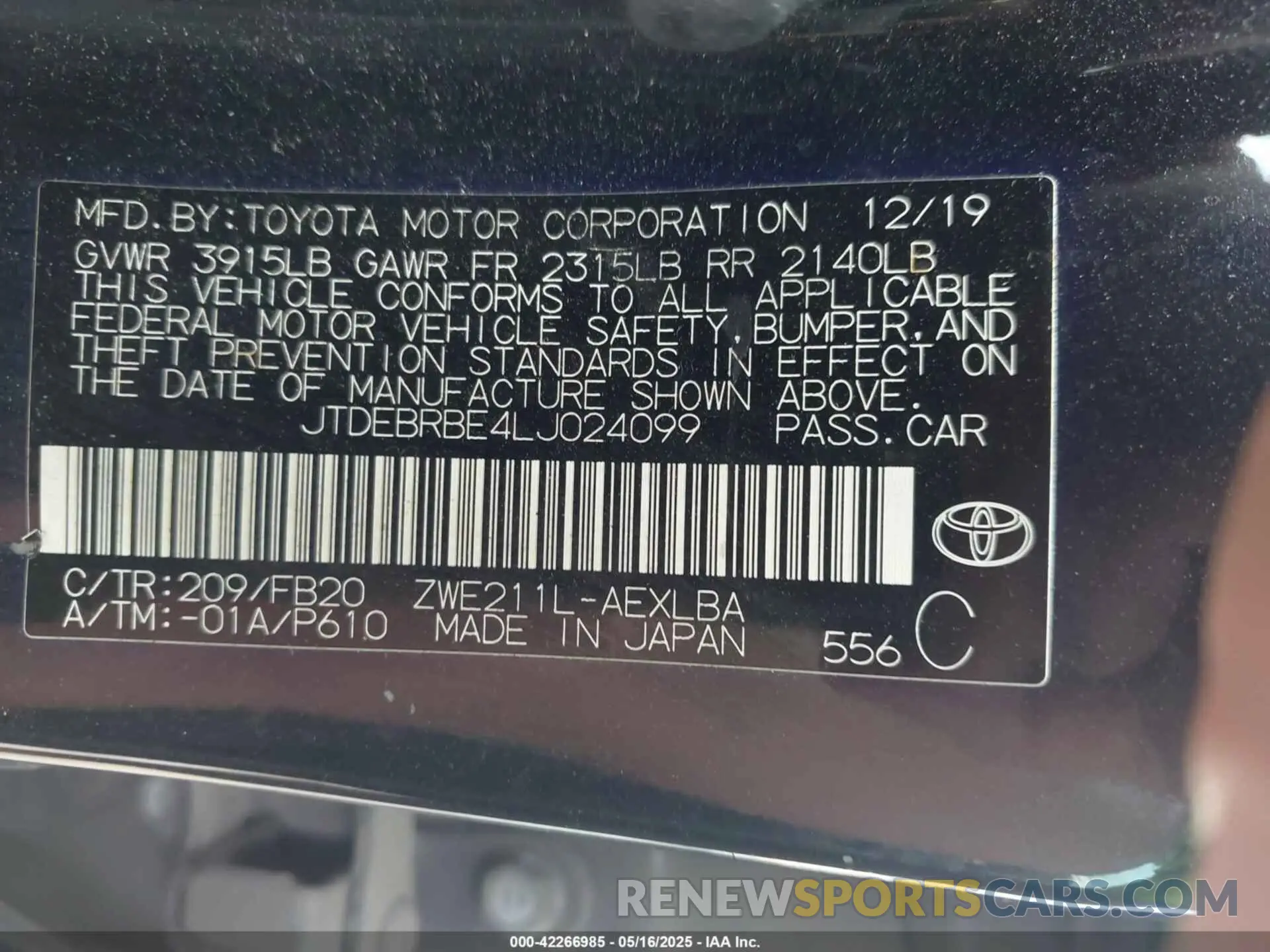 9 Photograph of a damaged car JTDEBRBE4LJ024099 TOYOTA COROLLA 2020