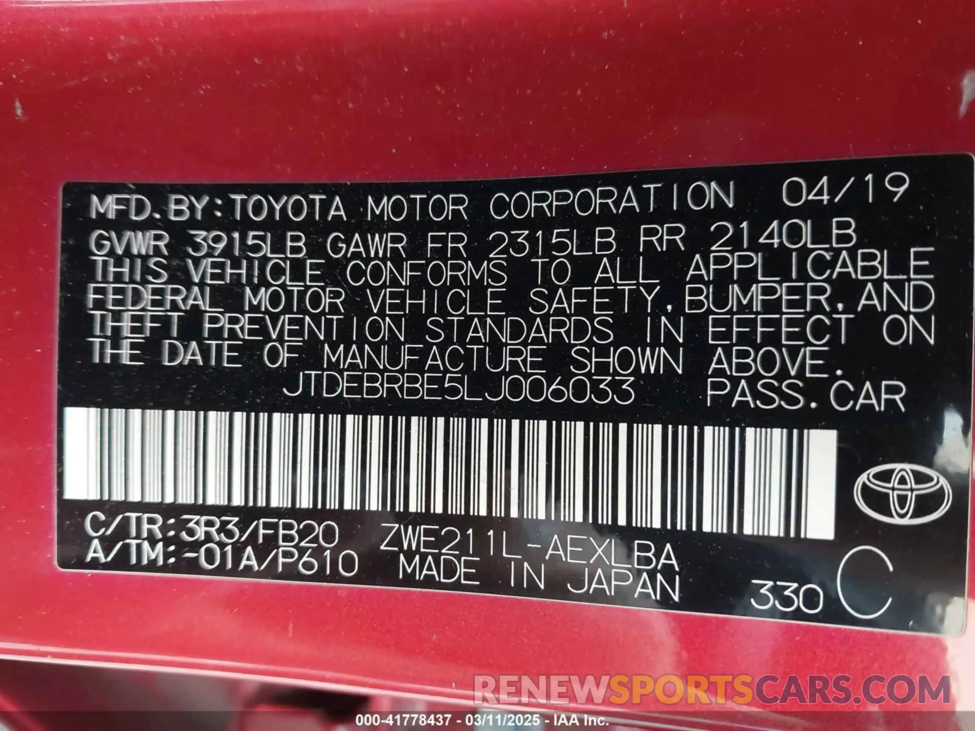 9 Photograph of a damaged car JTDEBRBE5LJ006033 TOYOTA COROLLA 2020