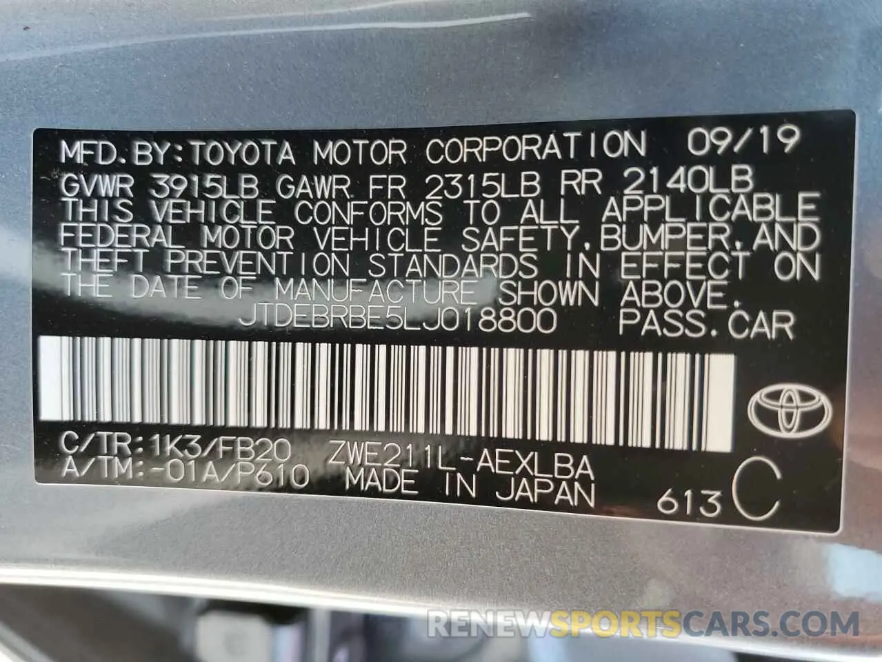 10 Photograph of a damaged car JTDEBRBE5LJ018800 TOYOTA COROLLA 2020