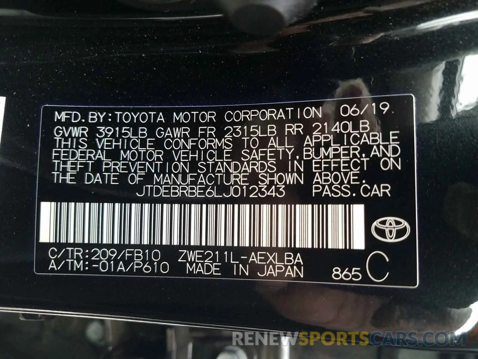 10 Photograph of a damaged car JTDEBRBE6LJ012343 TOYOTA COROLLA 2020