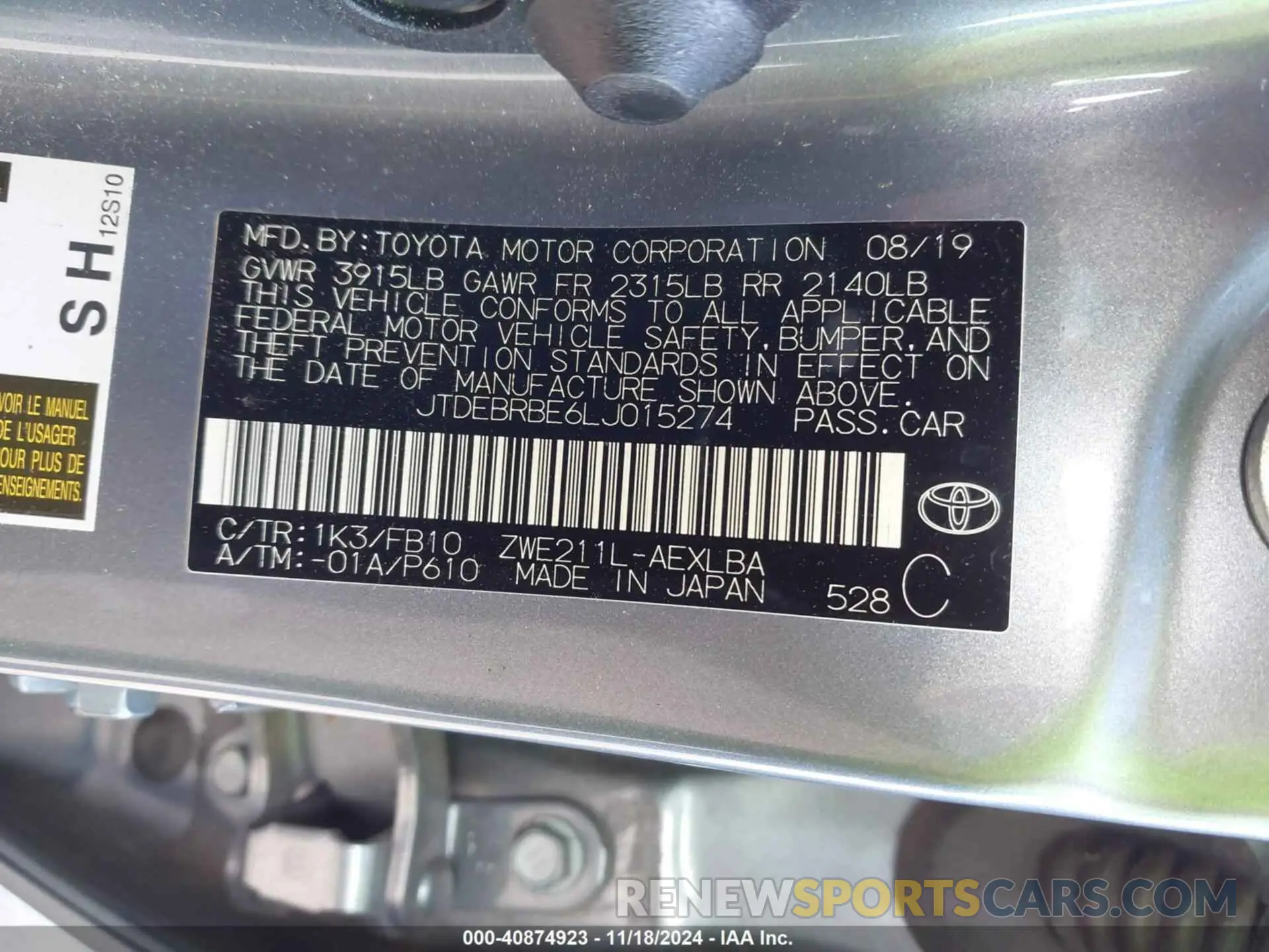 9 Photograph of a damaged car JTDEBRBE6LJ015274 TOYOTA COROLLA 2020