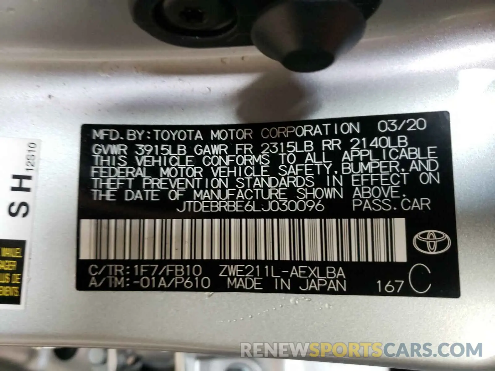 10 Photograph of a damaged car JTDEBRBE6LJ030096 TOYOTA COROLLA 2020